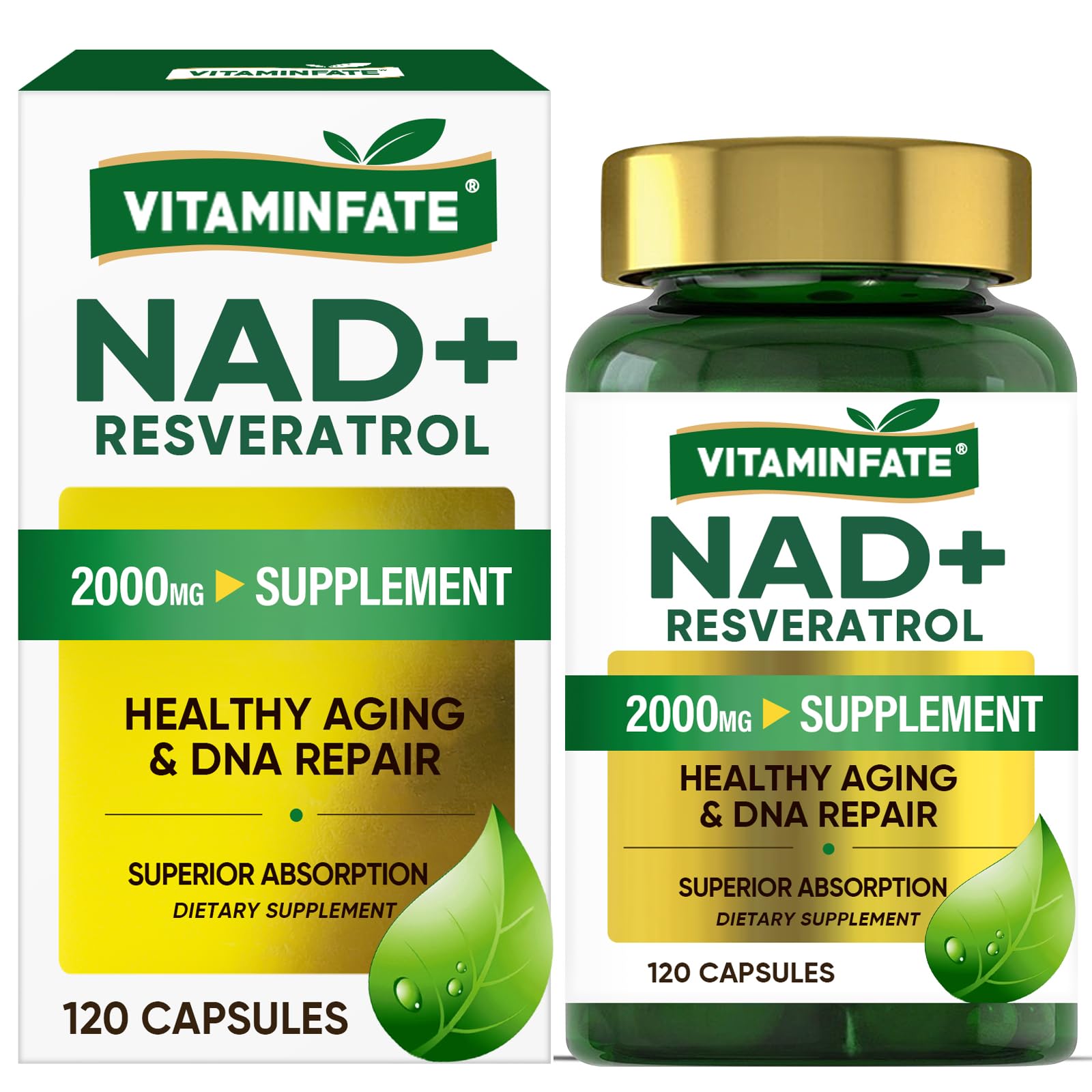 VITAMINFATE NAD+ Supplement 2000 mg - 120 Capsules True NAD+ & Resveratrol, NMN Alternative Supports Anti-Aging, Cellular Energy & Repair, Metabolism & Brain Boost for Men & Women VITAMINFATEAu supplements