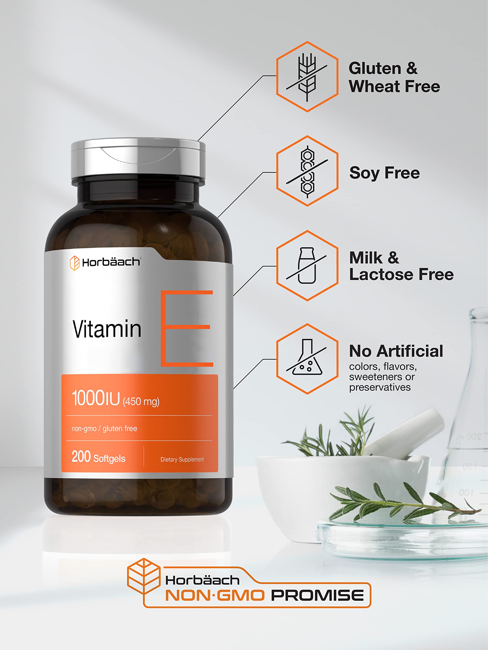 Vitamin E 1000 IU Softgel Capsules | 200 Count | Non-GMO, Gluten Free, Preservative Free HorbäachAu supplements