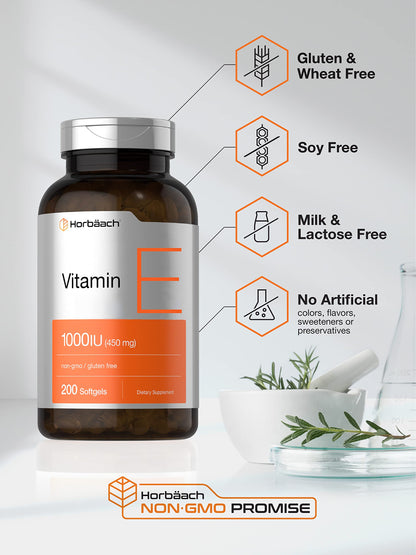 Vitamin E 1000 IU Softgel Capsules | 200 Count | Non-GMO, Gluten Free, Preservative Free HorbäachUS supplements