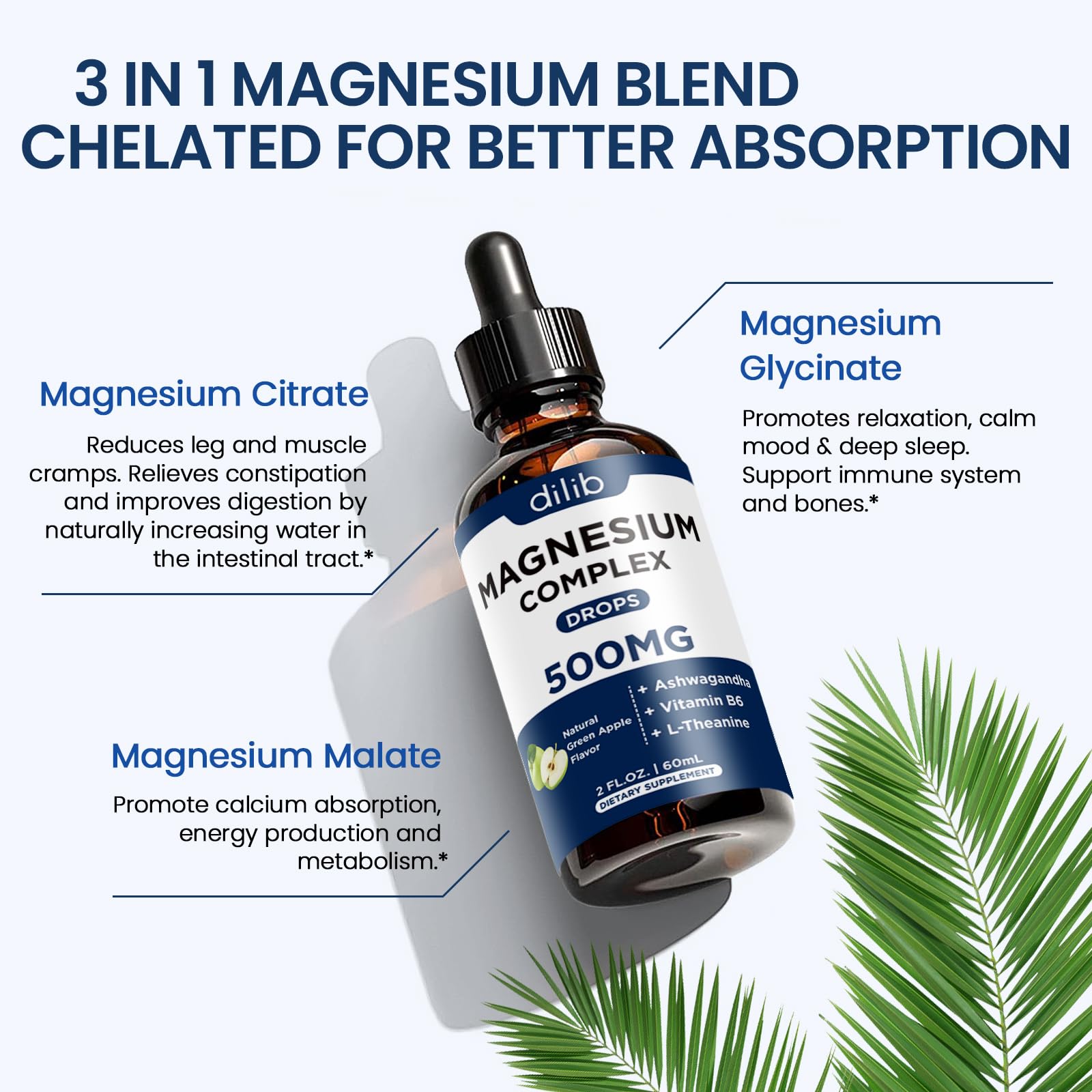 Triple Magnesium Complex Supplement-Magnesium Glycinate, Citrate, Malate Liquid Drops 500mg with Ashwagandha, L-Theanine, B6 for Calm, Stress Relief, Sleep, Muscle Support-Green Apple Flavor dilibAu supplements