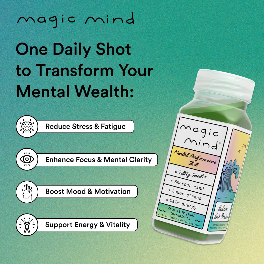 Magic Mind Focus Energy Drink Shots - No Jitters, Stress Relieving, Ashwagandha, Functional Mushrooms, Matcha Green Tea, Vitamin B12, Vitamin C - 2 FL Oz (5 Pack) Magic MindAu supplements