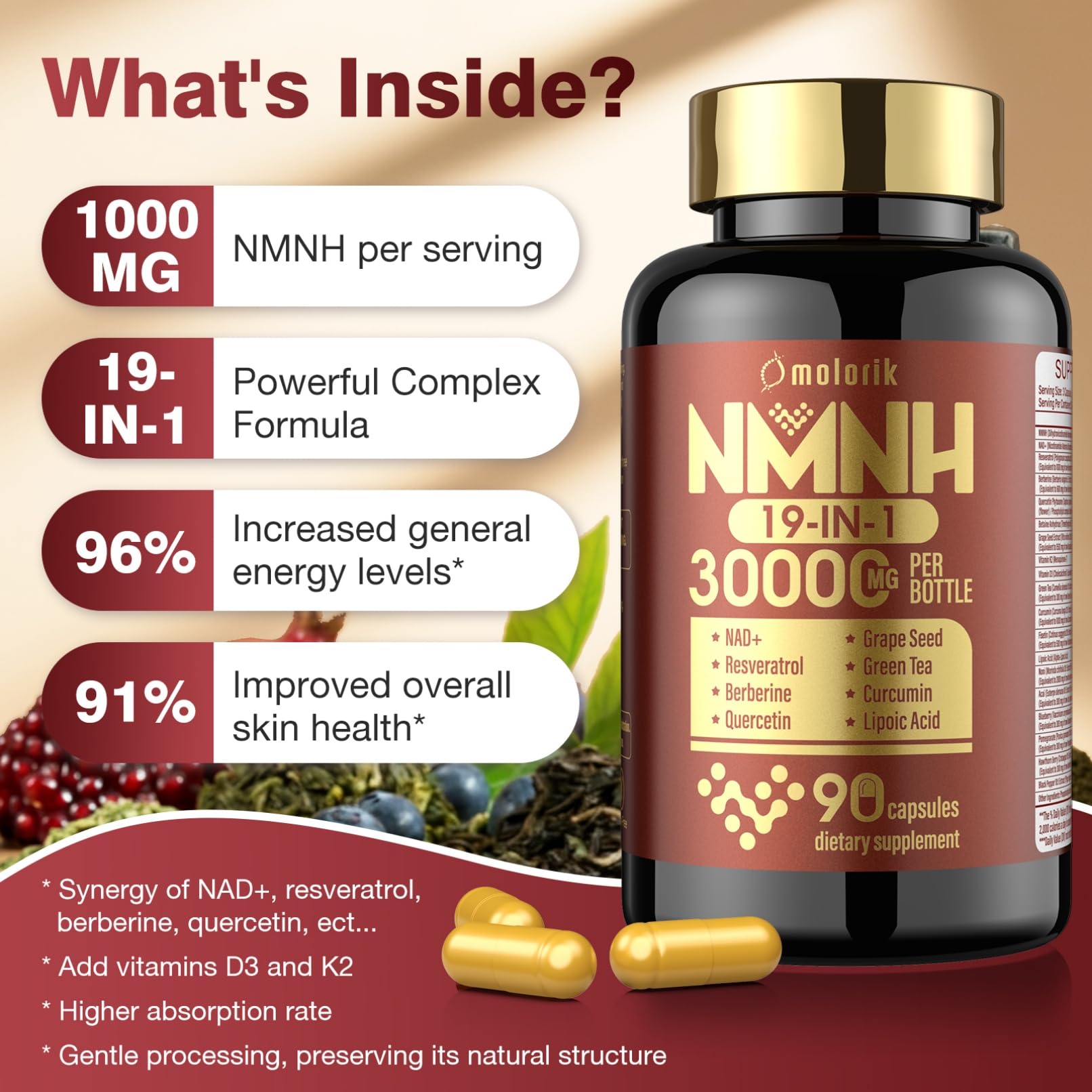 19 in 1 NMNH (Dihydronicotinamide Mononucleotide) 1000mg Per Serving, Nad Supplement Boost NAD+ Levels Nad Resveratrol Supplement with Quercetin, Vitamin D3 K2, Healthy Aging, Energy, 90 Capsules molorik pureAu supplements