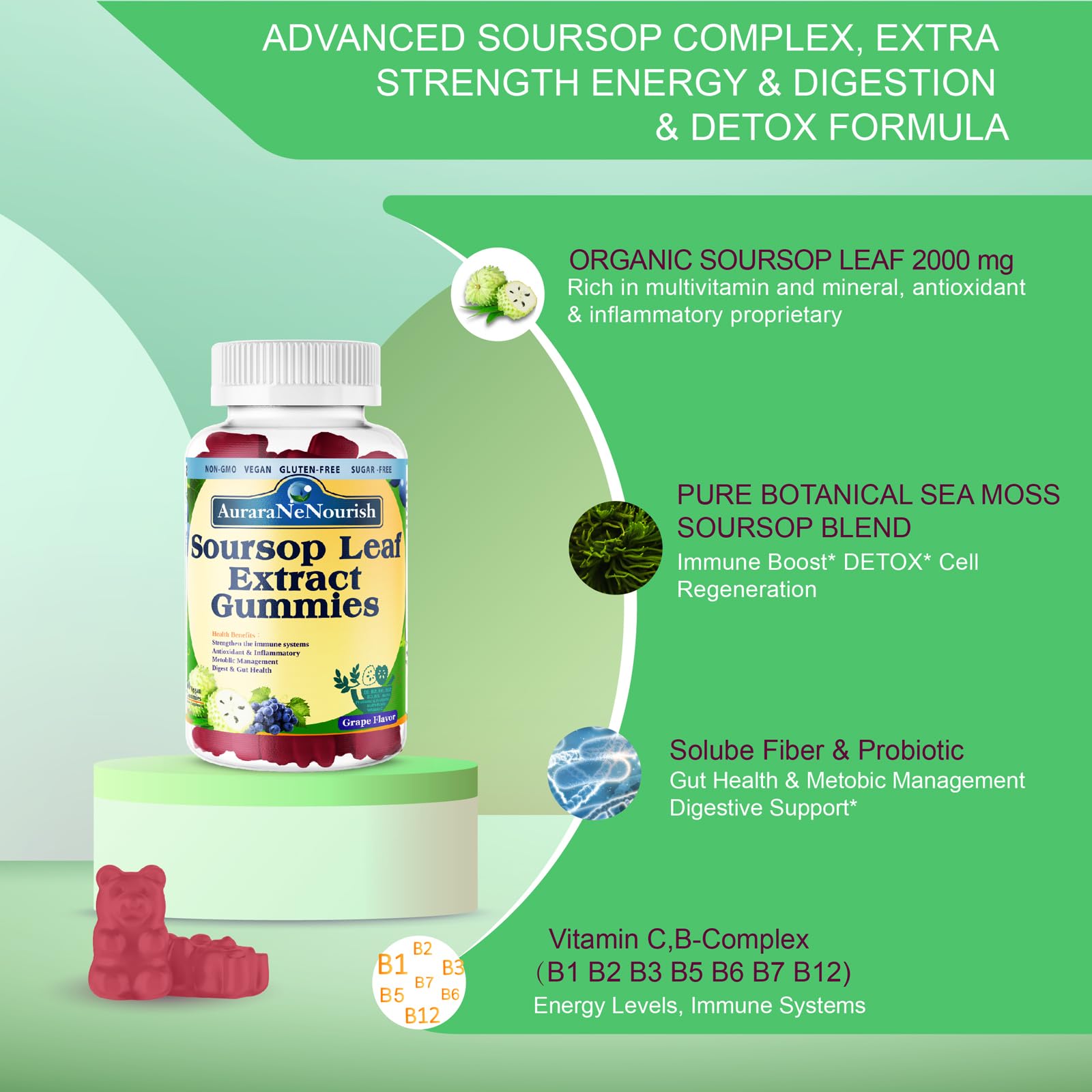 AuraraNeNourish Sugar Free Soursop Gummies with Probiotics & Fiber 100 Billion CFUs, Organic Soursop Leave Extract with Vitamin C B-Complex for Digestive Gut Health, Energy Balance, Immune Boost AuraraNeNourishAu supplements