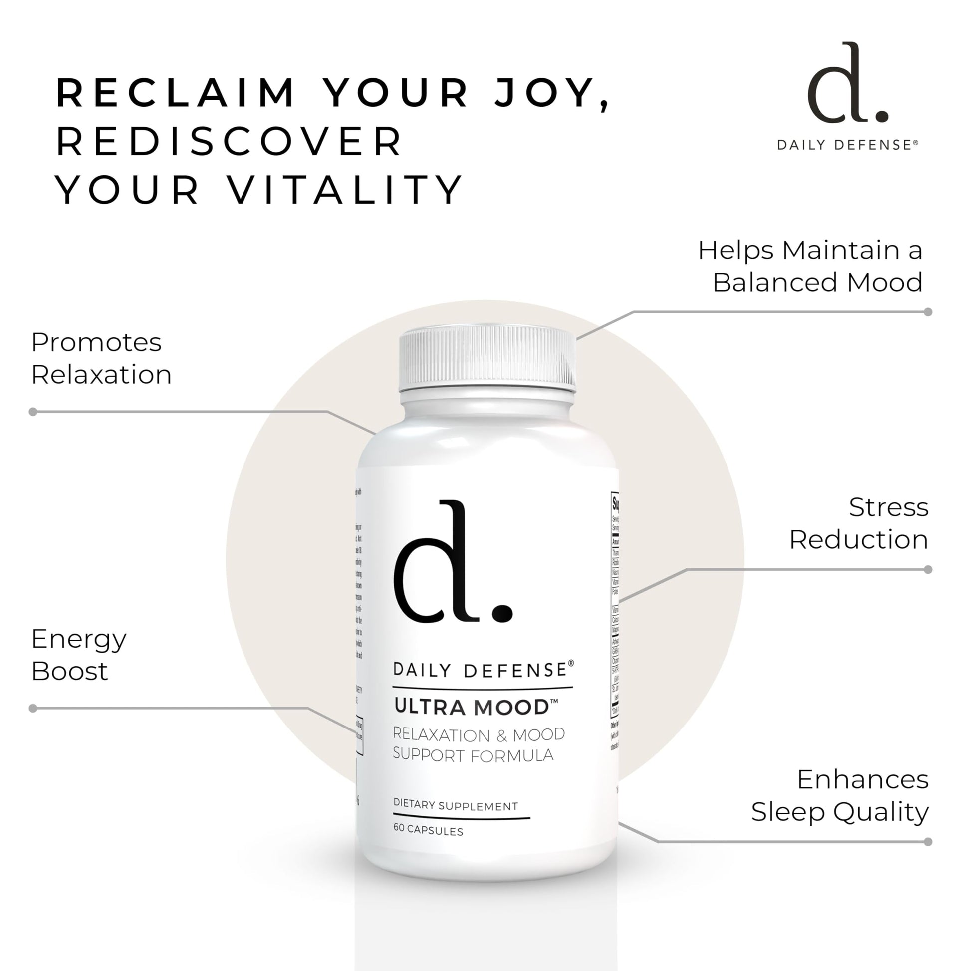 Daily Defense Mood Support Supplement - Ultra Mood 60 Count Mood Enhancer with Calcium Carbonate, Folic Acid, GABA, 5-HTP, Ashwagandha Root Extract & More - Non GMO Mood & Relaxation Supplement Daily DefenseAu supplements