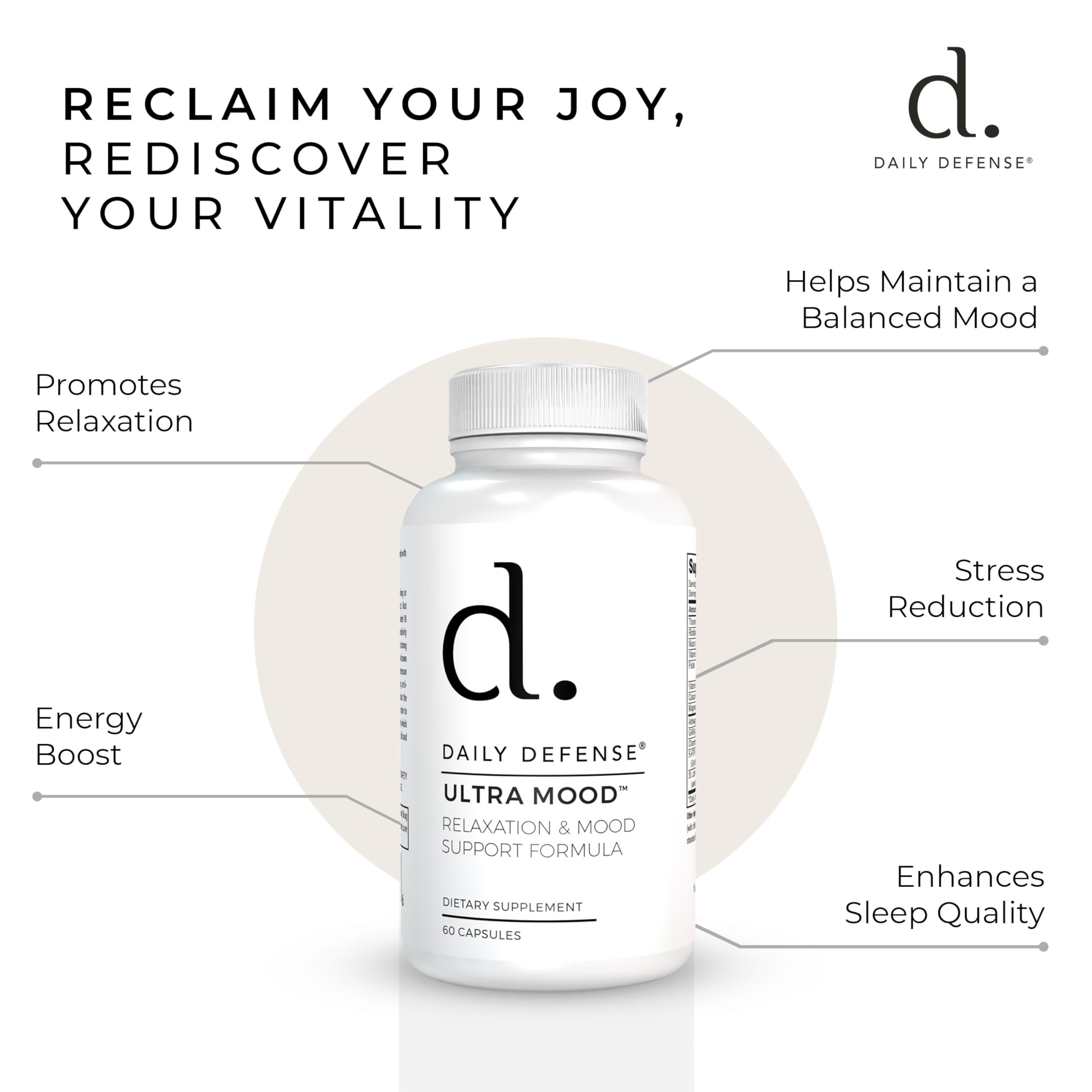 Daily Defense Mood Support Supplement - Ultra Mood 60 Count Mood Enhancer with Calcium Carbonate, Folic Acid, GABA, 5-HTP, Ashwagandha Root Extract & More - Non GMO Mood & Relaxation Supplement Daily DefenseAu supplements