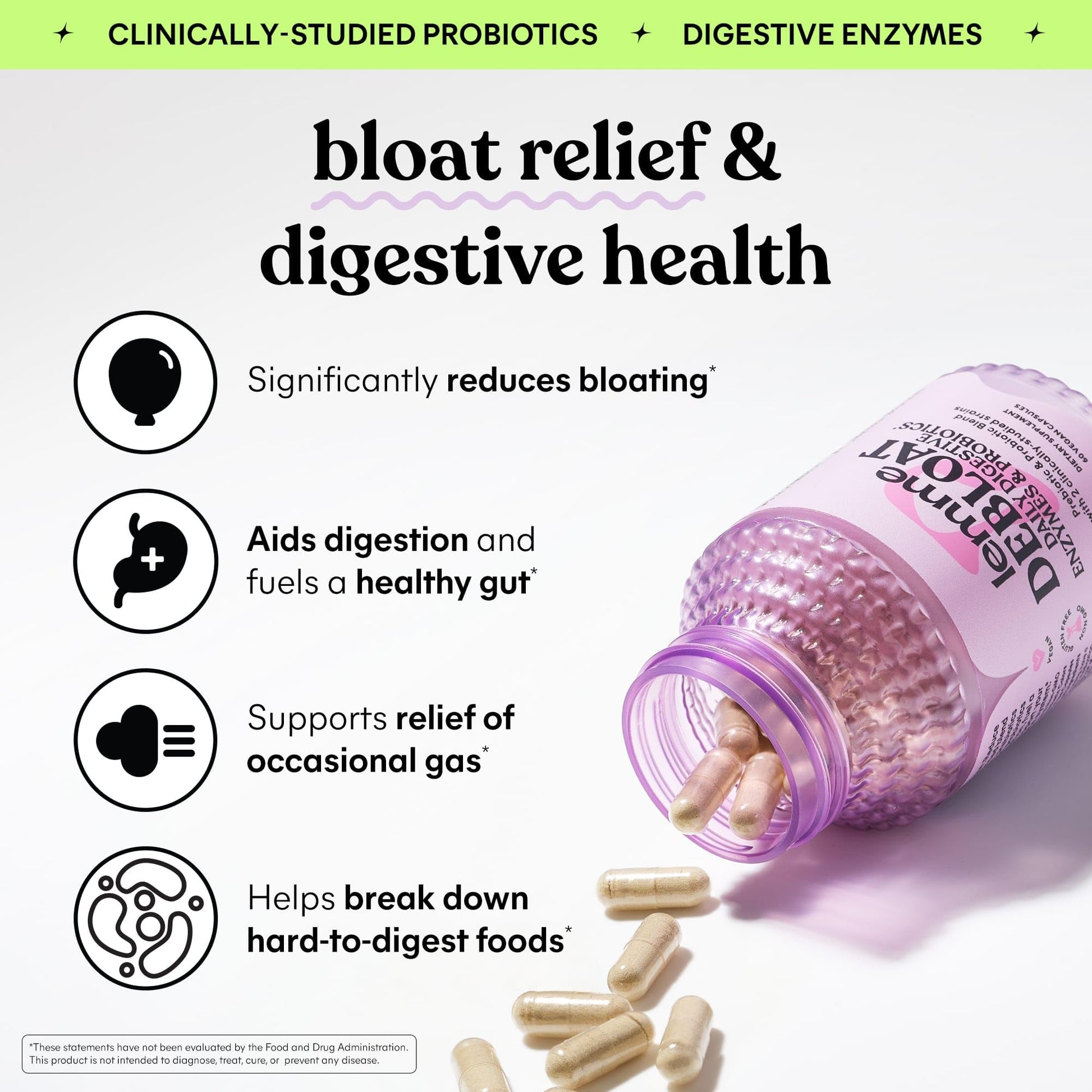 Lemme Debloat 3-in-1 Prebiotic, Probiotic & Digestive Enzyme Capsules for Bloating & Gas Relief - 2 Clinically Studied Probiotics w/5 Digestive Enzymes to Improve Digestion, Women & Men, (60 Count) LemmeAu supplements
