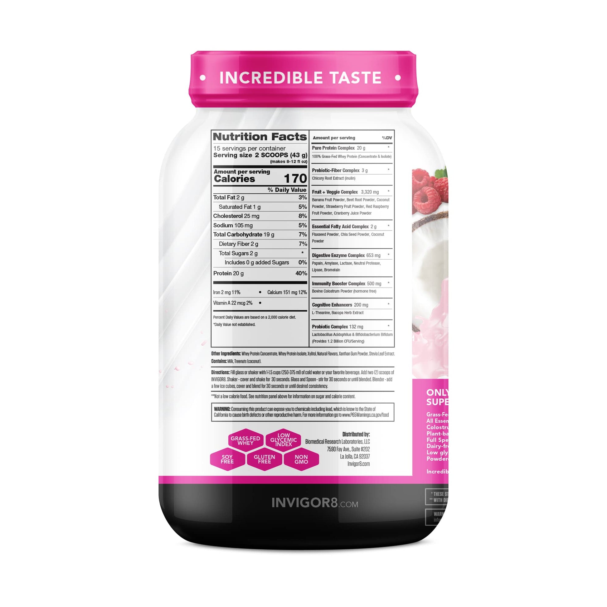 INVIGOR8 Superfood Grass Fed Whey Protein Isolate Shake Natural Strawberry Gluten-Free INVIGOR8US supplements