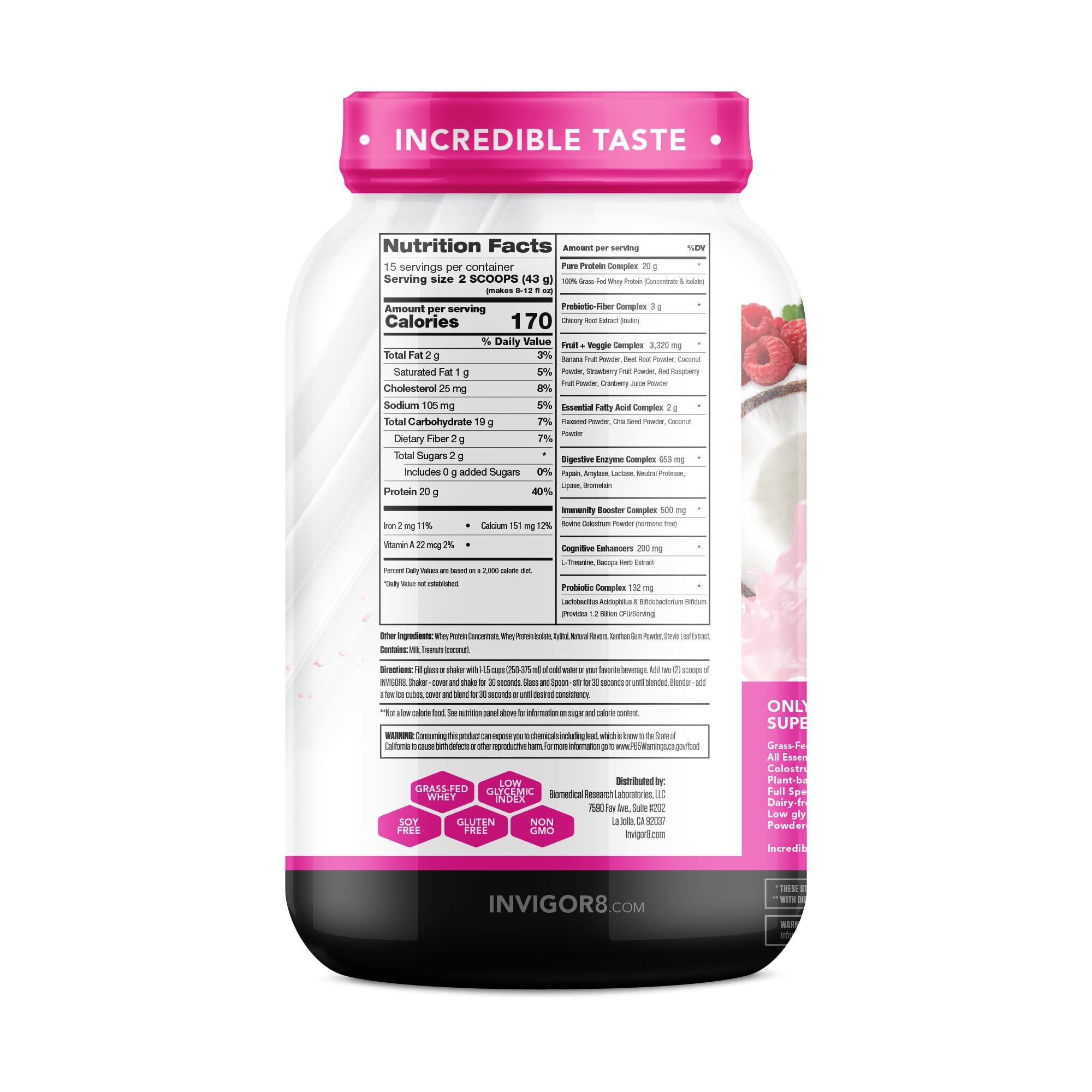 INVIGOR8 Superfood Grass Fed Whey Protein Isolate Shake Natural Strawberry Gluten-Free INVIGOR8US supplements