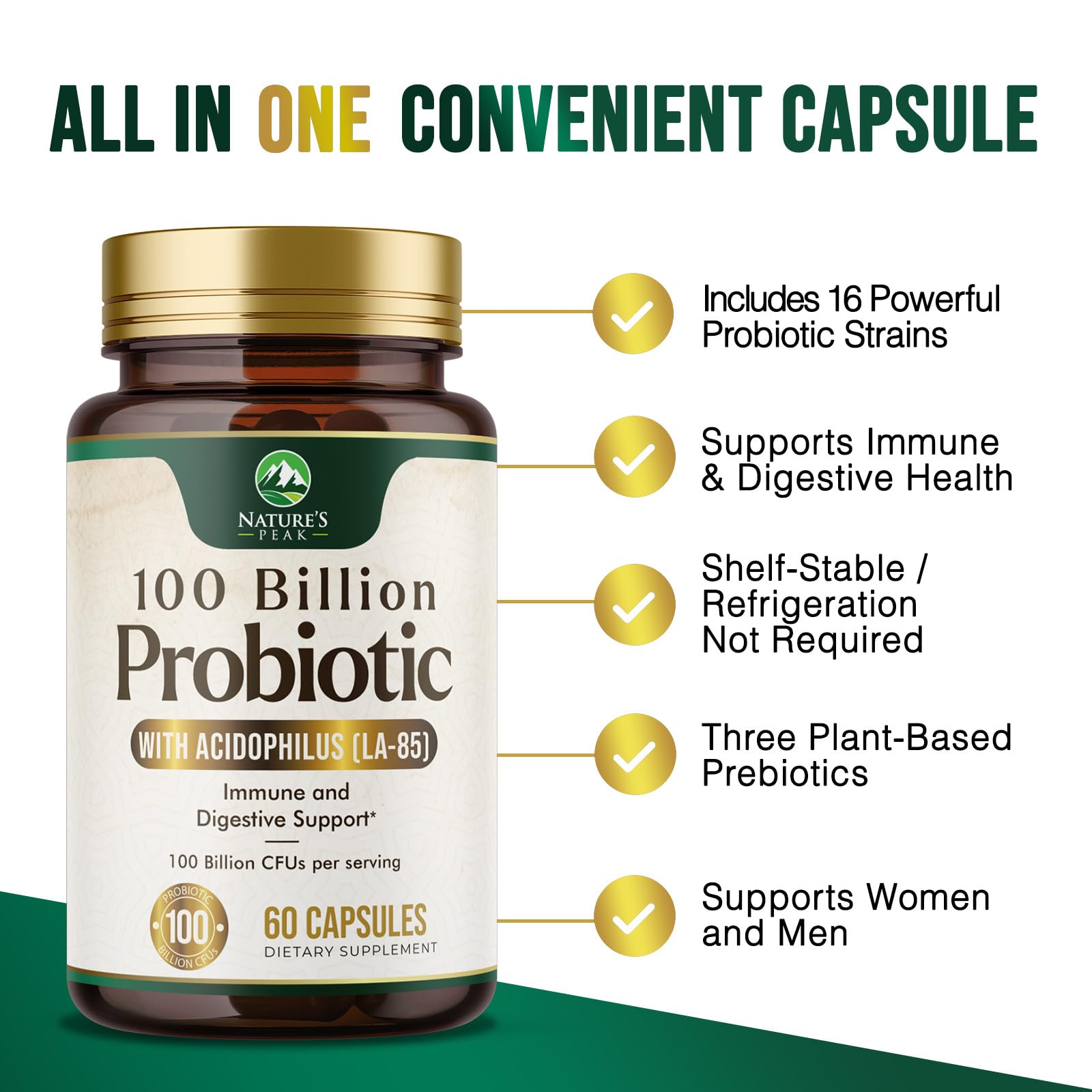 Probiotics 100 Billion CFU Per Serving - 16 Premium Probiotic Strains Prebiotics - Immune Support, Gut Health, Occasional Constipation, Gas & Bloating, Probiotics Supplement, USA Bottled, 60 Capsules Nature's PeakAu supplements