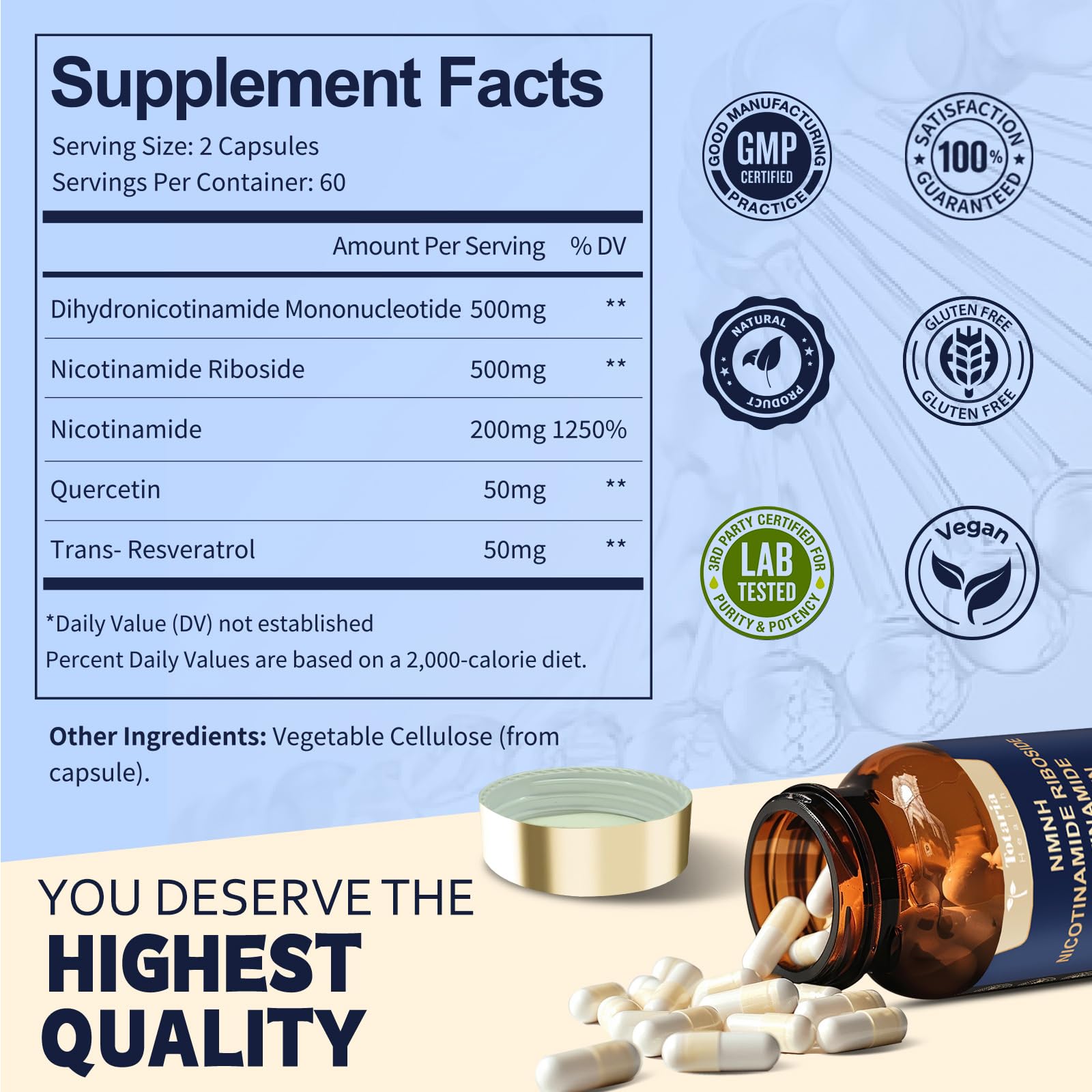 Totaria NMNH 500mg (Dihydronicotinamide Mononucleotide), Premium NMN Alternative Supplement w/Niacinamide (Vitamin B3), Quercetin, Trans-Resveratrol, for NAD+, Skin Cell, Anti-Aging & Energy, 120 Ct TotariaAu supplements