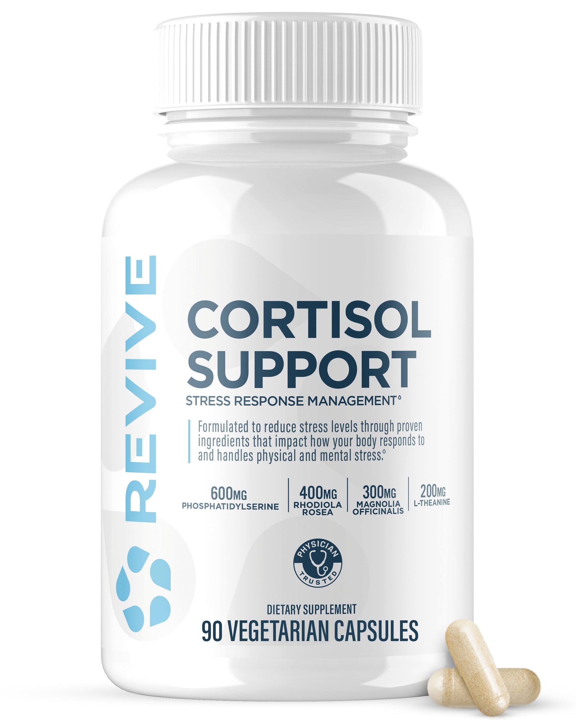 Revive MD Cortisol Manager, 90 Vegetarian Capsules - Cortisol Supplement w/Magnesium & L-Theanine Support Health, Focus, Energy, Fatigue, & Adrenal Gland Function - Vegan & Gluten-Free (30 Servings) ReviveAu supplements