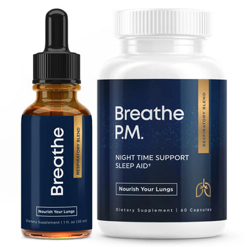 BREATHE & BREATHE PM Bundle - 60 Caps & 1 fl.oz. Mullein Drops for Lungs & Airways: Peppermint, Thyme, & Mullein Leaf Extract for Lungs Detox for Smokers - Clear Mucus & Breathe - GMO-Free & USA-Made Herbal Tea TherapyAu supplements