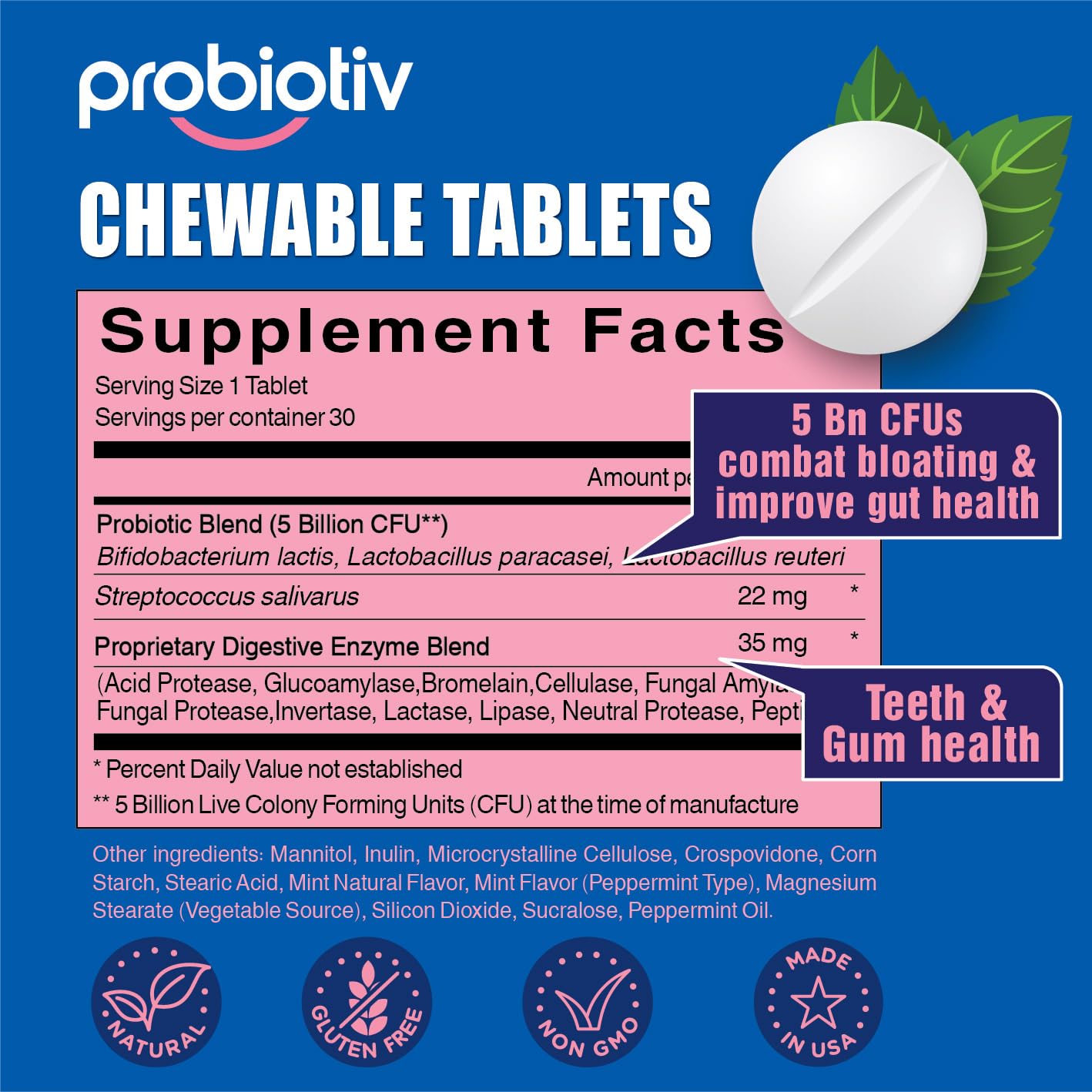 Probiotiv Chewable Probiotics for Daily Bloating w/ 5 Billion CFU – “Two-in-One Combo” ProbiotivAu supplements