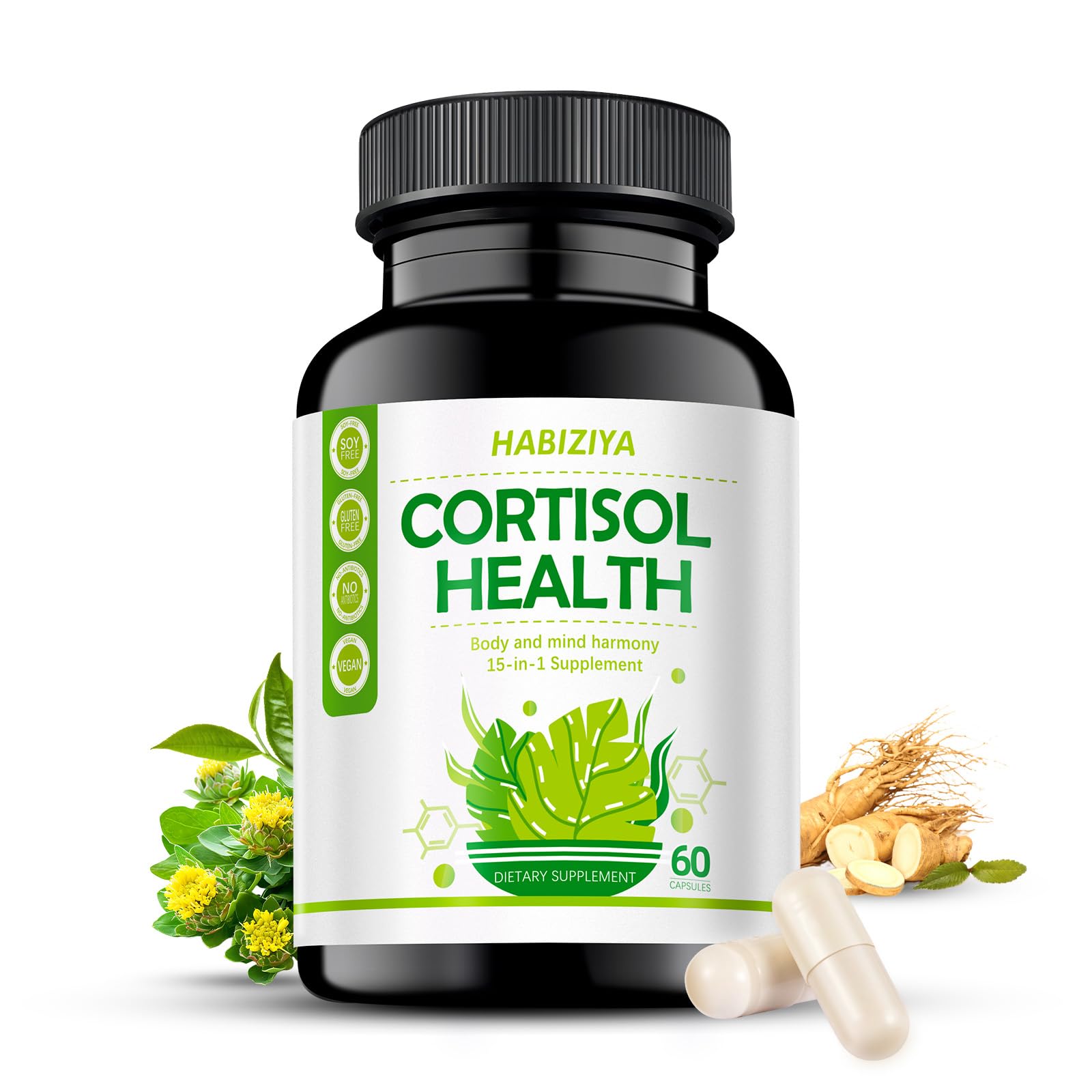 HABIZIYA Cortisol Support Supplement with Magnesium Glycinate, L-Theanine, Ashwagandha, Phosphatidylserine,Rhodiola Rosea 15-in-1 Hormone Balance for Women Men Mood, Focus, Sleep Support 60 Capsules HABIZIYAAu supplements