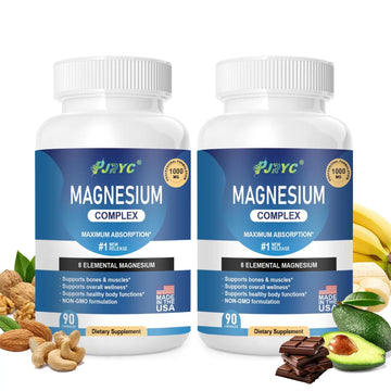 Magnesium Complex Supplement - 1000mg with 8 Magnesium Forms: Glycinate, Citrate, Malate, Taurate & Orotate - Supports Muscle Function, Bone Strength & Relaxation - Vegan, Non-GMO - 180 Capsules PJRYCAu supplements