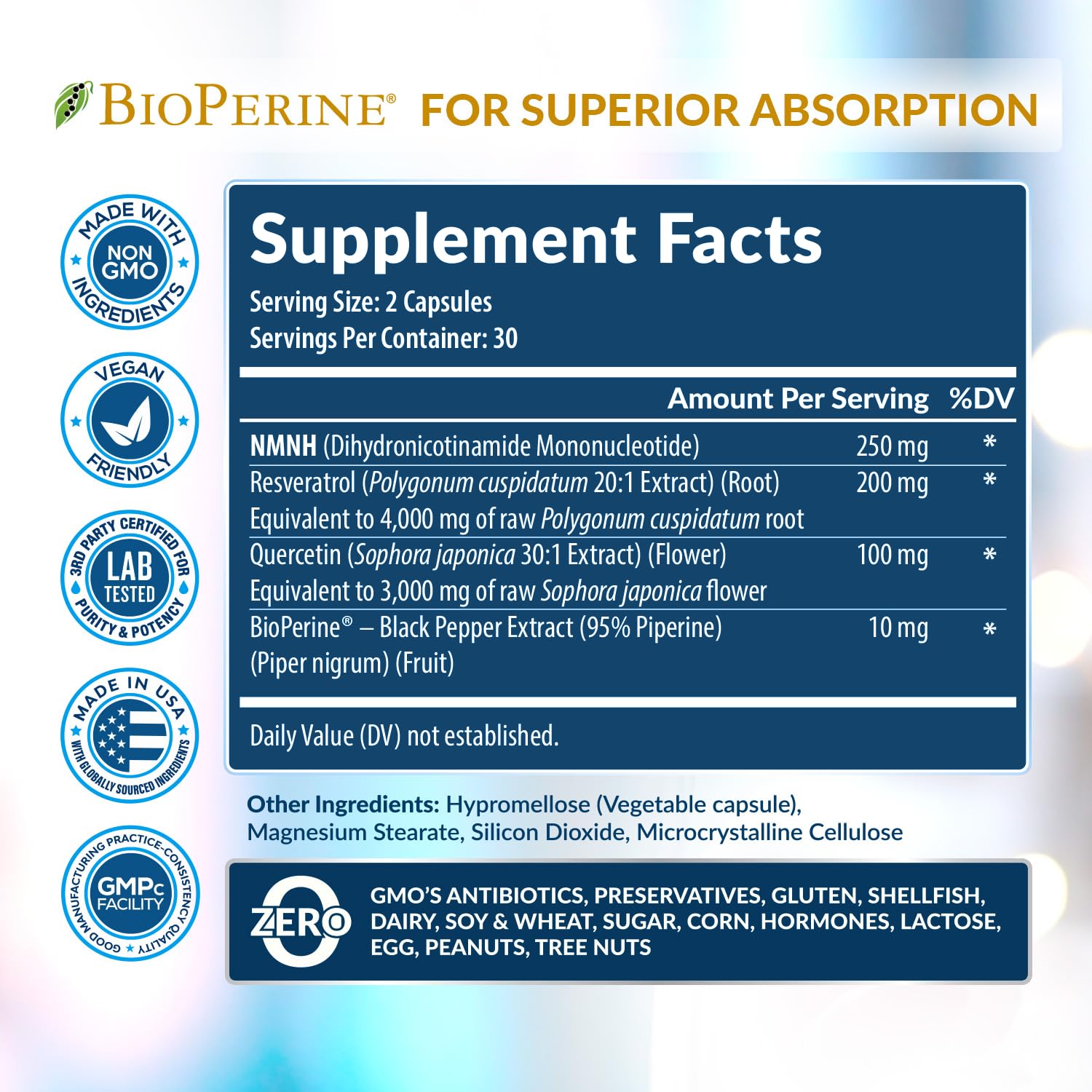 NMNH Supplement (NMN Alternative) NAD Booster for Anti-Aging, Cellular Energy & Nice Skin- Dihydronicotinamide mononucleotide, Resveratrol, Quercetin & BioPerine® for Max Absorption- 60 caps Rainbow Nutrients, LLCAu supplements