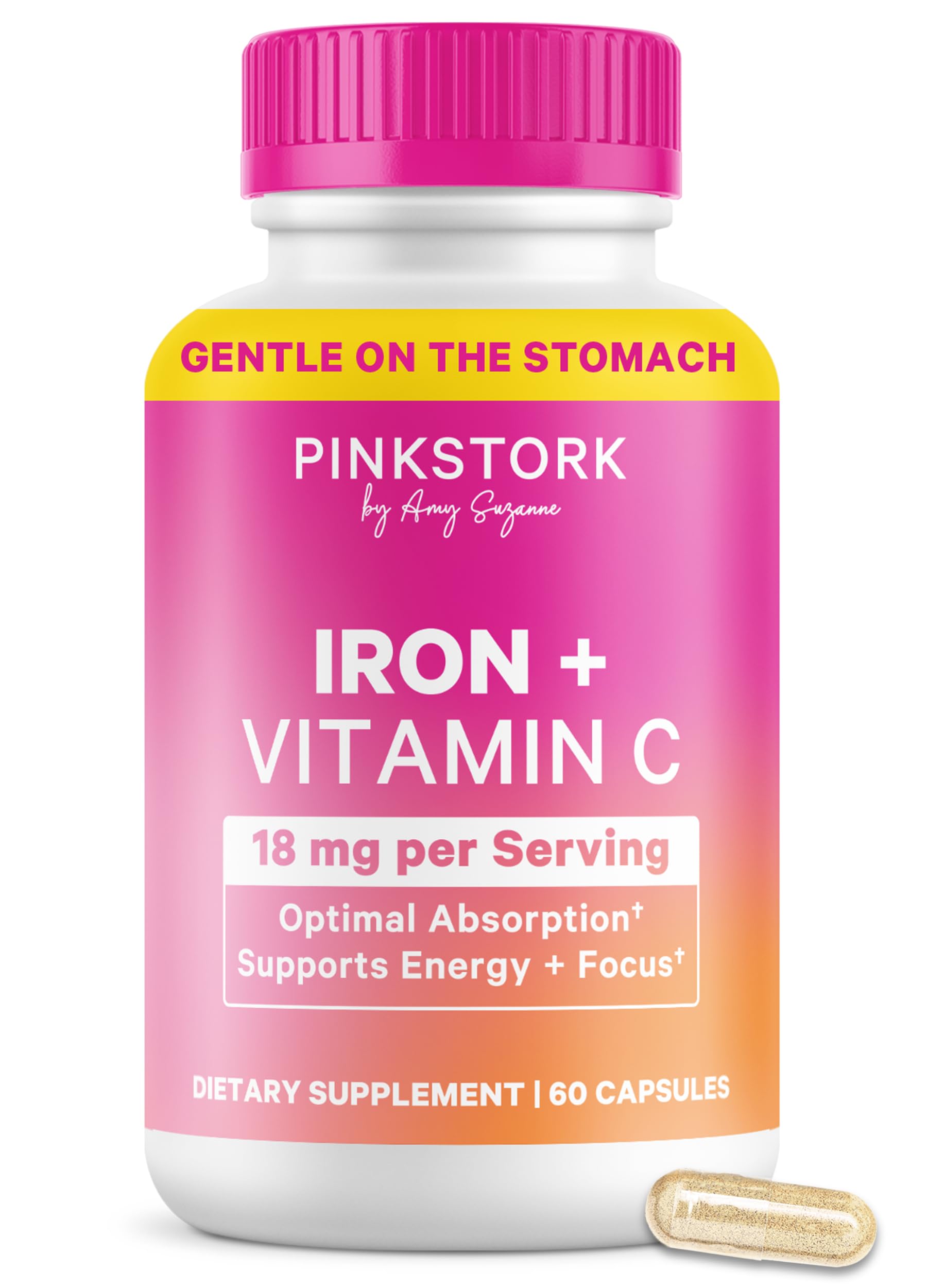 Pink Stork Iron for Women – 18 mg Non-Constipating Iron Bisglycinate + Vitamin C for Optimal Absorption – Energy, Focus, & Oxygen Supply – PMS, Pregnancy, Postpartum & Perimenopause - 60 Capsules Pink StorkAu supplements