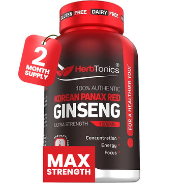 Herbtonics Korean Red Panax Ginseng 1500mg - Energy Supplement for Peak Performance, Focus & Vitality - High Potency Ginseng Root Extract - 120 Vegan Capsules HerbtonicsAu supplements