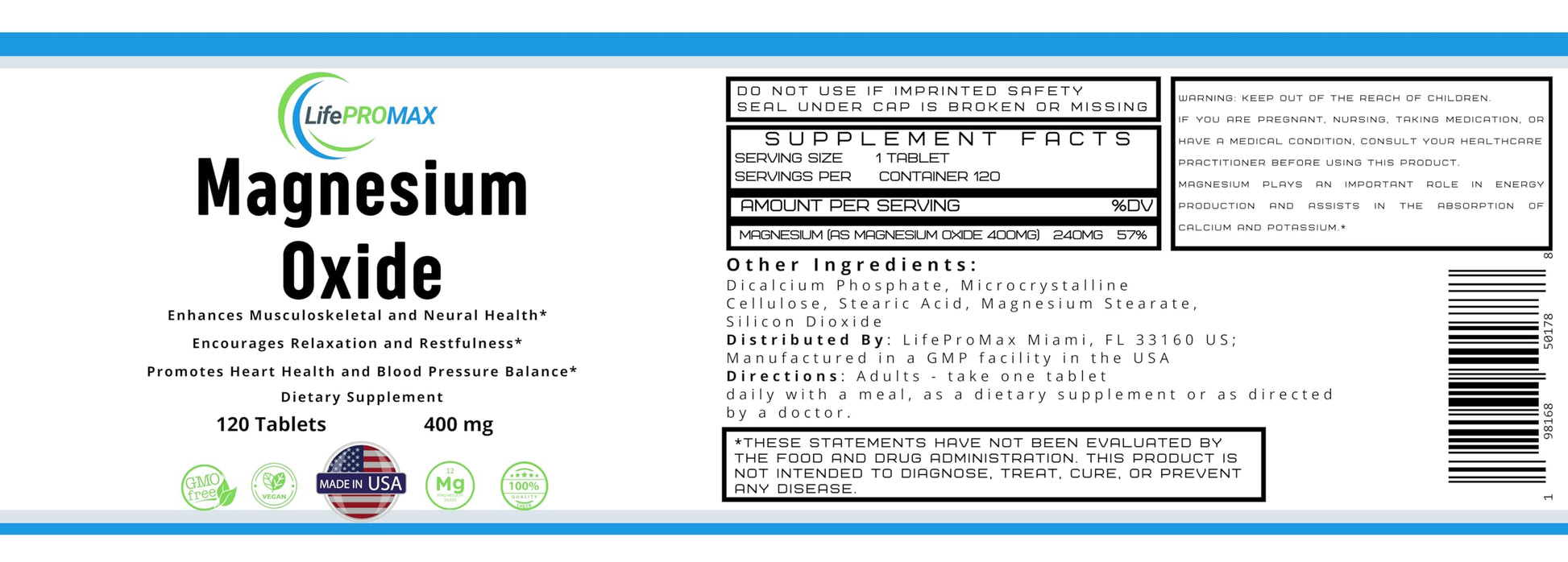 Magnesium 400mg [High Potency] Supplement – Magnesium Oxide for Immune Support, Muscle Recovery, Leg Cramps and Relaxation 120 Tablets LifePROMAXAu supplements