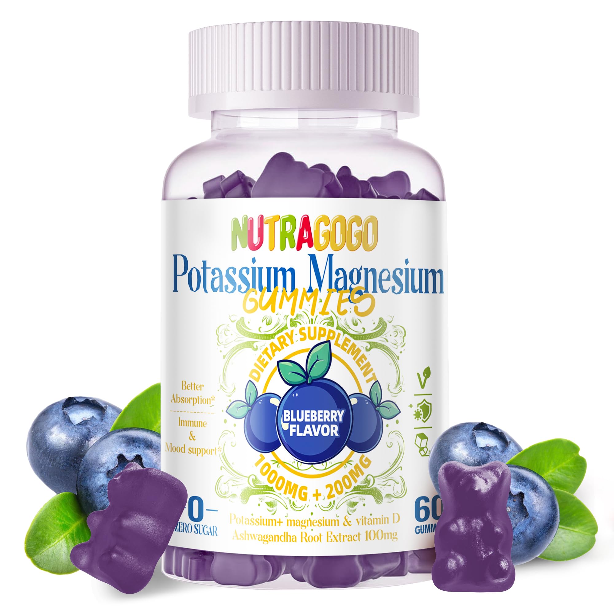 Potassium Magnesium Gummies,Potassium Supplement w/Ashwagandha,High Absorption Magnesium Glycinate,B6,D3,Potassium Citrate for Leg Cramps,Muscle,Electroyte for Adults Kids,Sugar-Free, 60 Gummies NUTRAGOGOAu supplements