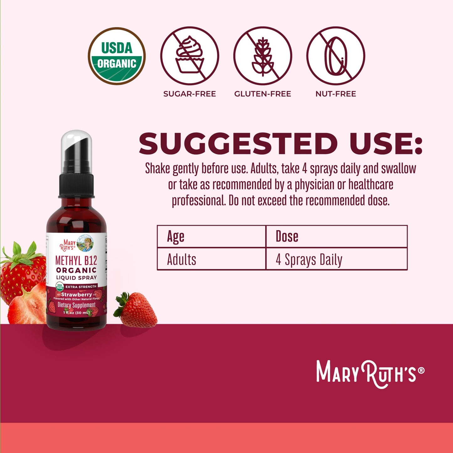 MaryRuth Organics Vitamin B12 Liquid Spray | Vegan, Non-GMO, Gluten-Free | USDA Organic Supplement | Energy & Nervous System Support | B12 Vitamins for Women & Men | 720 mcg | 1 Fl Oz MARYRUTH'SUS supplements