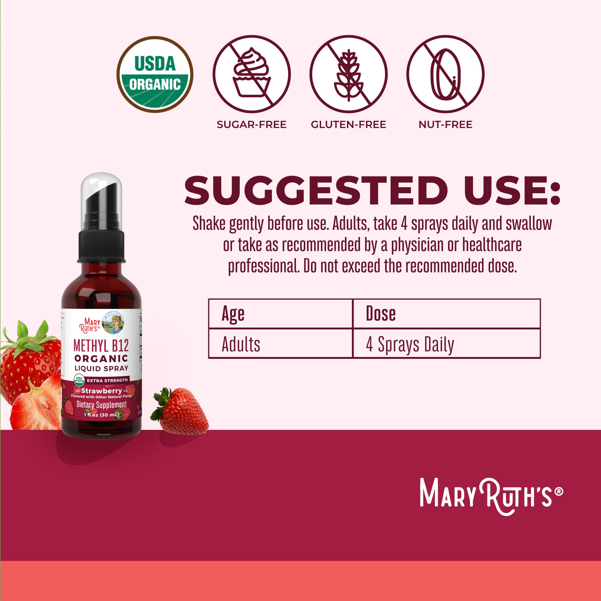 MaryRuth Organics Vitamin B12 Liquid Spray | Vegan, Non-GMO, Gluten-Free | USDA Organic Supplement | Energy & Nervous System Support | B12 Vitamins for Women & Men | 720 mcg | 1 Fl Oz MARYRUTH'SUS supplements