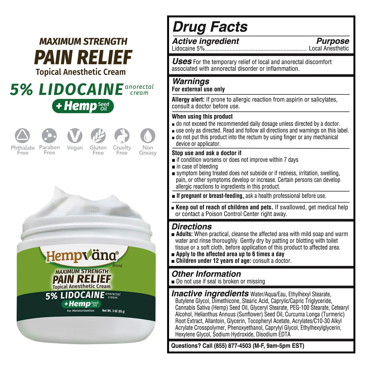 Hempvana 5% Lidocaine Relief Cream, Maximum Strength, AS-SEEN-ON-TV, Strong Cream, Numbs Irritated Nerves for Fast Anorectal Relief, Non-Greasy, Targeted Long-Lasting Relief. Enriched with Hemp, 3 Oz HempvanaAu supplements