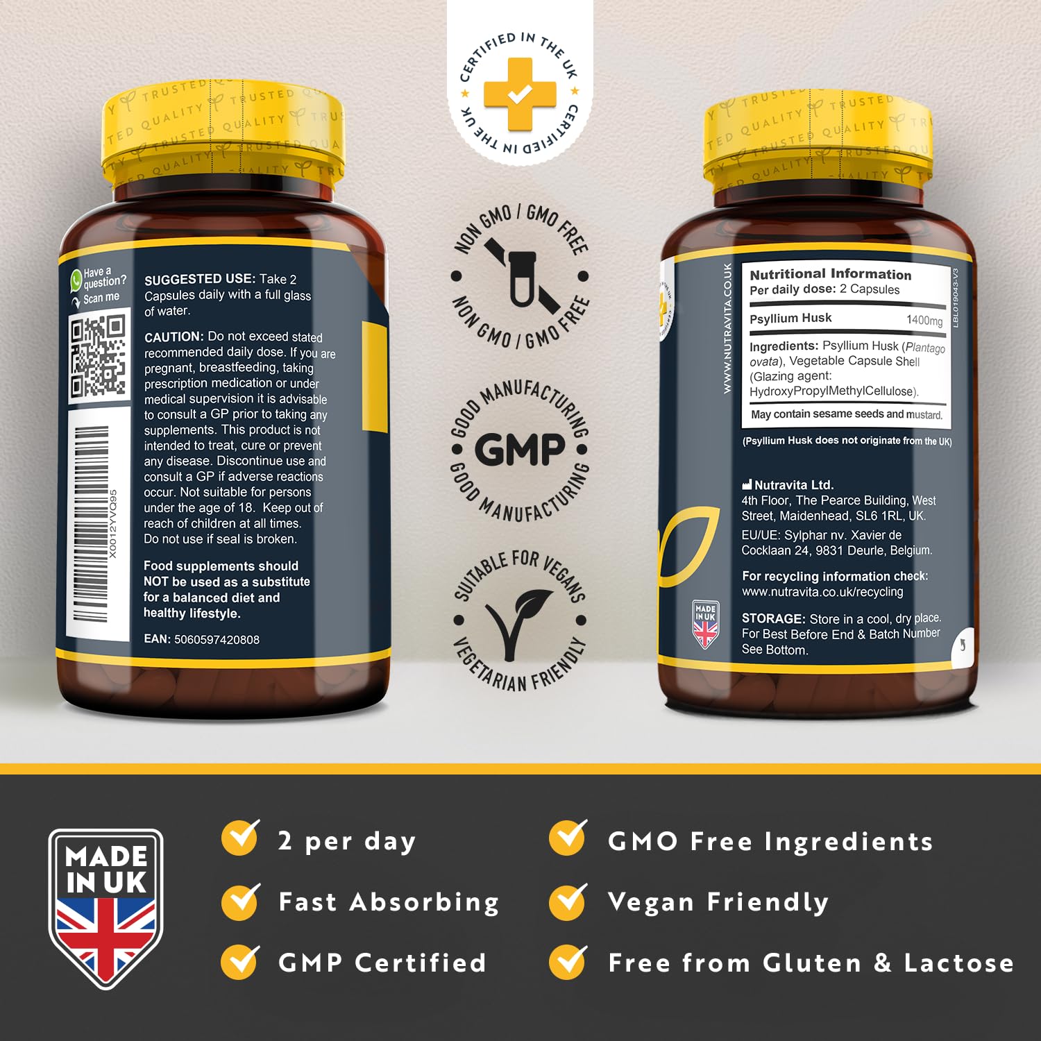 Psyllium Husks Fibre Supplement – 1400mg per Serving – Naturally High in Soluble Fibre NutravitaUS supplements