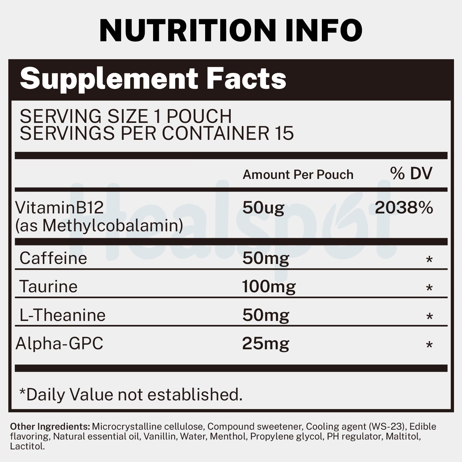 Healspot Nootropic Caffeine Pouches, Energy Pouches with 50mg Caffeine | Taurine | Vitamin B12 | Alpha-GPC | L-Theanine, Focus and Energy Supplements Variety Packs 5 Flavors HealspotAu supplements