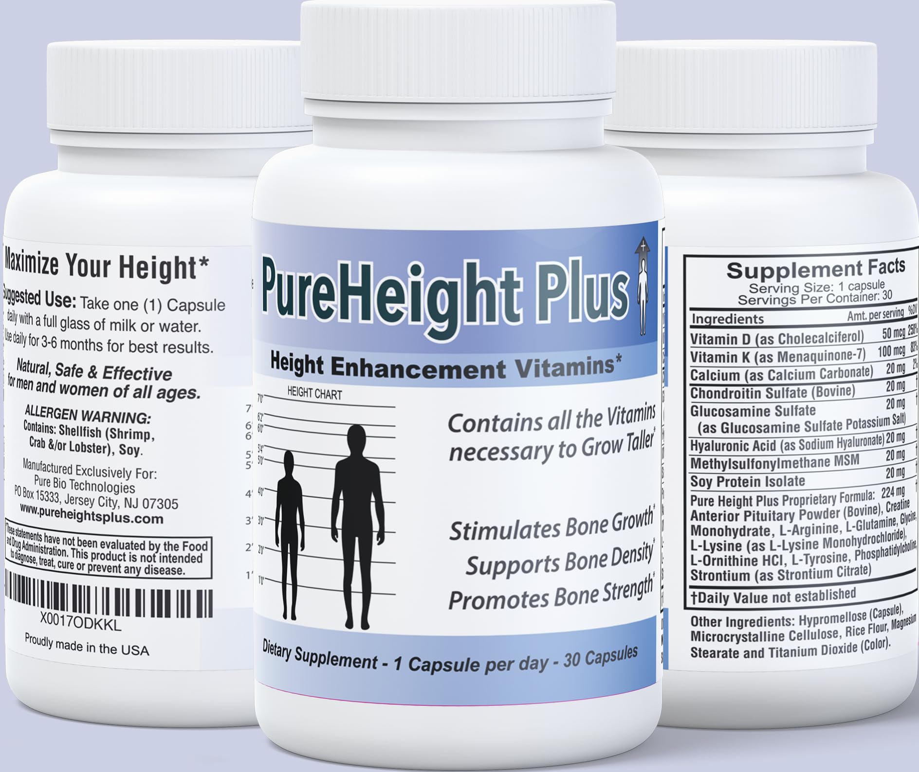 Height Growth Vitamins Grow Taller - Increase Bone Strength Bone Density Bone Growth PURE BIOTECHNOLOGIESUS supplements