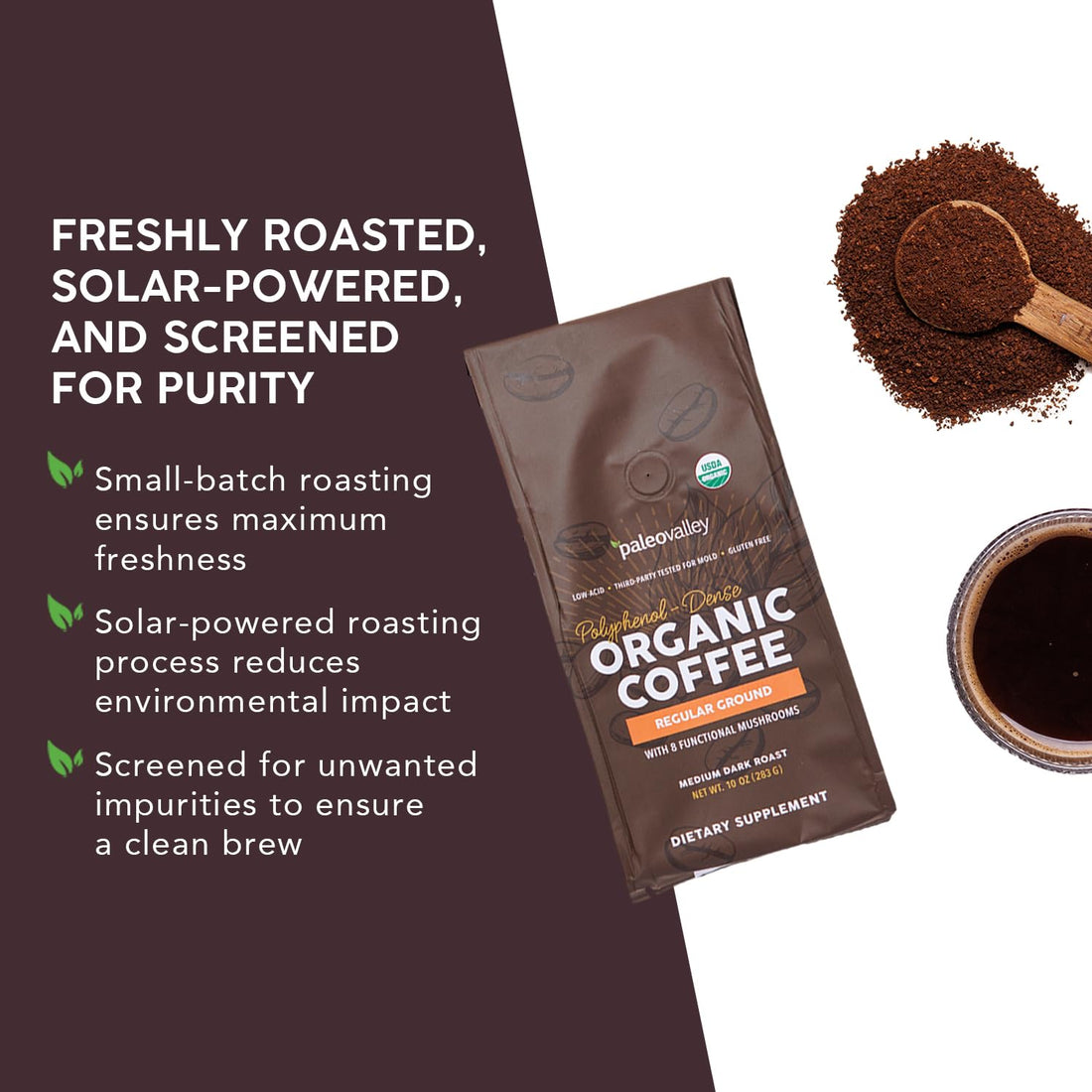 Paleovalley Organic Ground Coffee, 10oz - Regular, Low Acid, Single-Origin, Polyphenol-Rich, Infused with Mushrooms PaleovalleyUS supplements