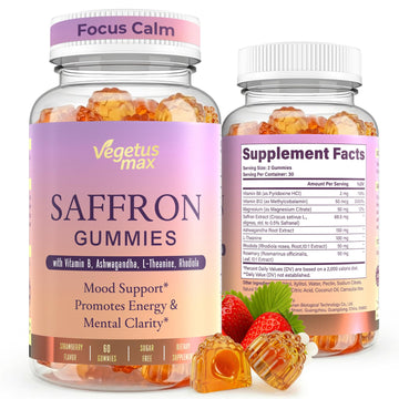 Saffron Supplements Gummies, 88.5mg Pure Saffron Extract with Ashwagandha L-Theanine Rhodiola Rosemary Magnesium Vitamin B6 B12 for Mood Focus Support Adults Kids - 60 Count VEGETUSMAXAu supplements