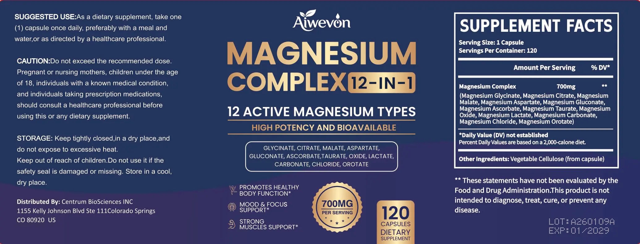 Magnesium Complex 700mg, 12 in 1 Magnesium Supplement with Glycinate, Citrate, Malate, Oxide, Taurate & Orotate, High Absorption Magnesium for Sleep, Muscle, Nerve & Heart Support, Vegan, 120 Capsules Aiwevonnz supplements