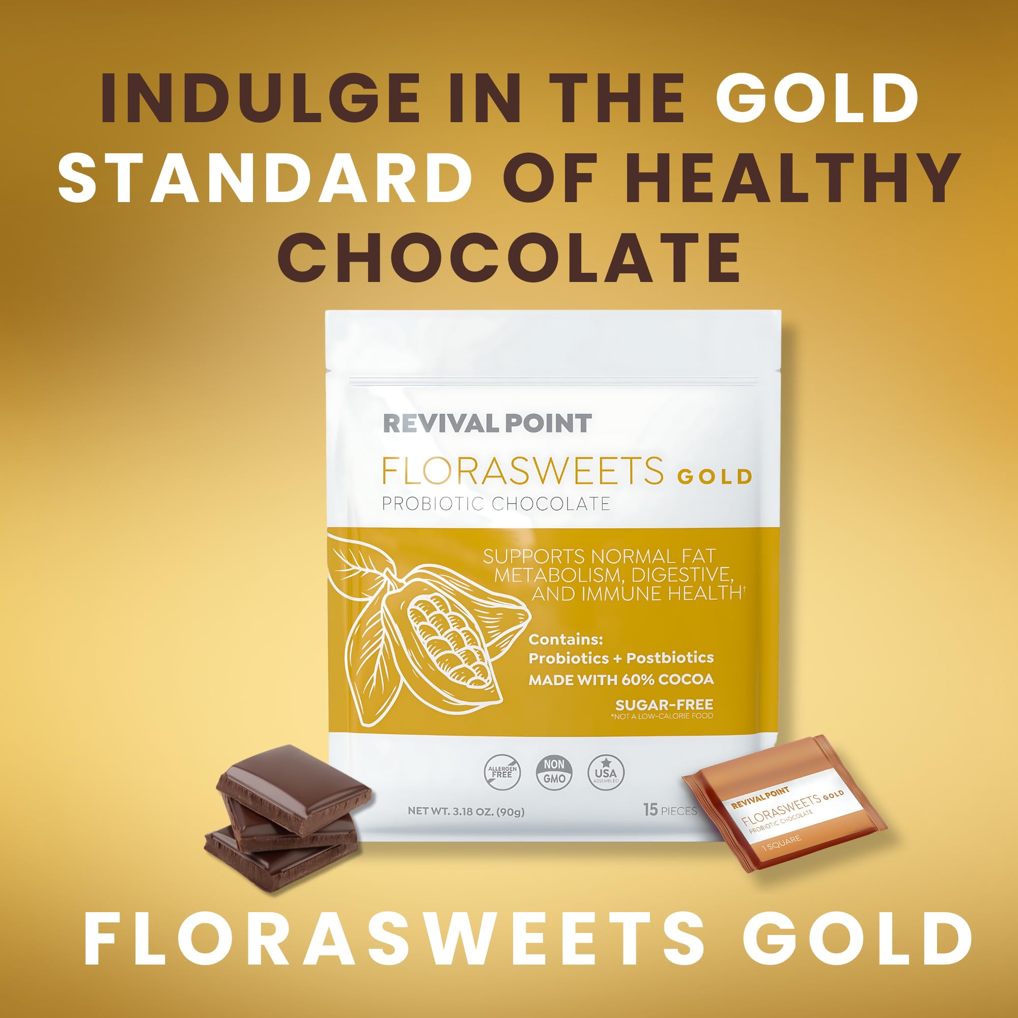 Revival Point Florasweets Gold Chocolate Bites with Probiotic + Postbiotic Stains DE111 & BPL1 - Indivally Wrapped - Supports Digestive & Gut Health Bacillus subtilis (1) Revival PointAu supplements