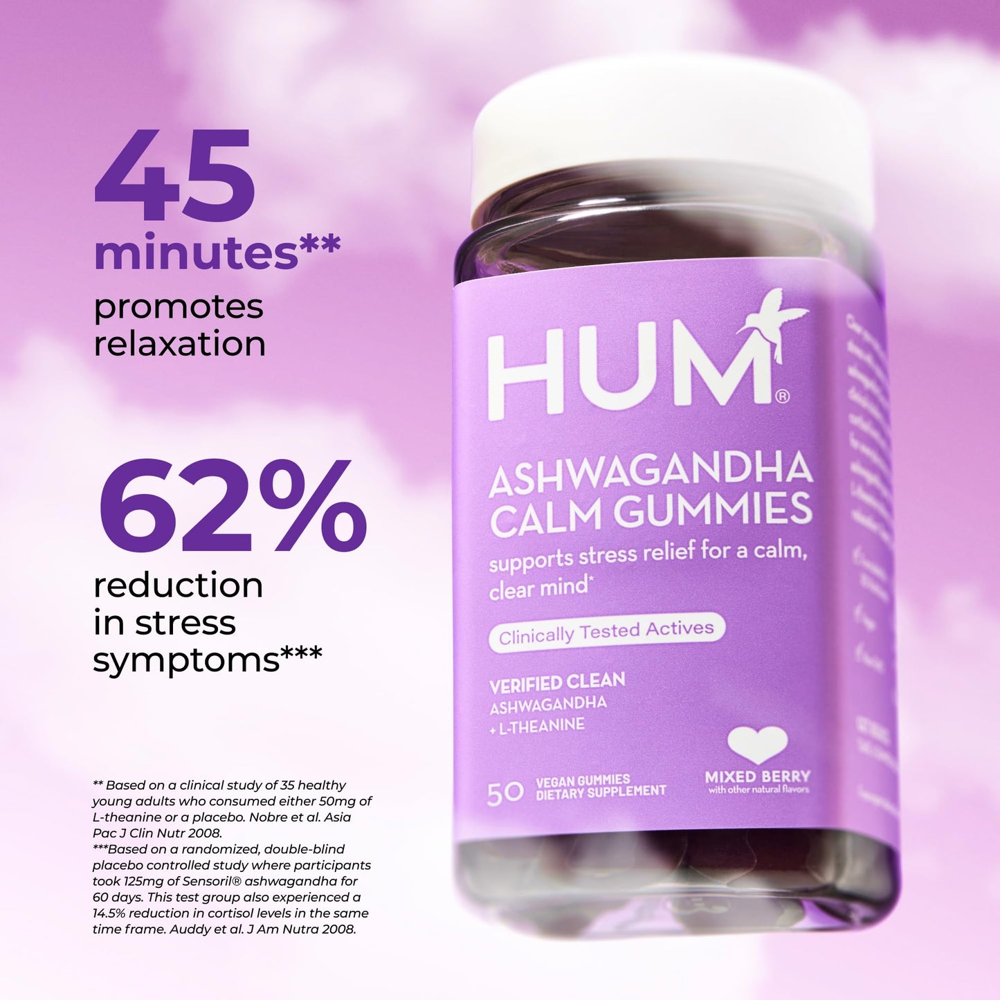 HUM Calm Ashwagandha Gummies for Women and Men, L-Theanine Ashwagandha Supplements for Daily Relaxation & Clarity Support, Vegan Fast Acting Gummy Formula, Mixed Berry Flavor, 60 Gummies HUMUS supplements