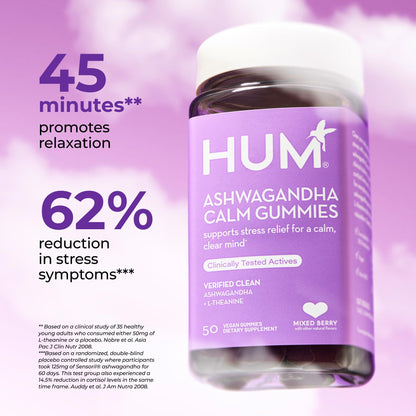 HUM Calm Ashwagandha Gummies for Women and Men, L-Theanine Ashwagandha Supplements for Daily Relaxation & Clarity Support, Vegan Fast Acting Gummy Formula, Mixed Berry Flavor, 60 Gummies HUMUS supplements