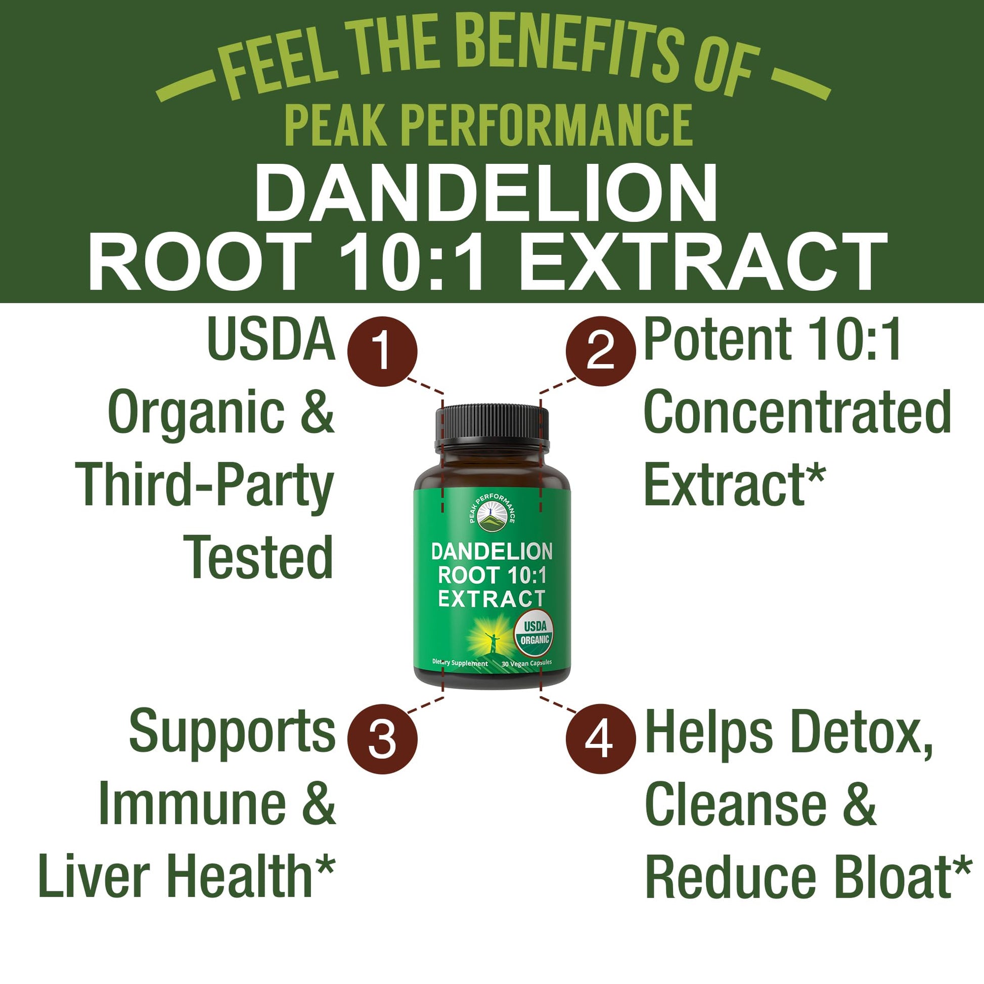 USDA Organic Dandelion Root Extract Supplement - 10x More Potent Than Raw Root. Standardized and Concentrated Vegan Dandelion Root Capsules for Women and Men. Supports Detox, Immune, Liver, Gut Health Peak PerformanceAu supplements