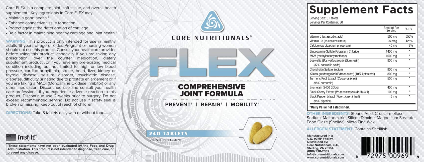 Core Nutritionals Flex Comprehensive Joint Formula | Promotes Healthy Tendons, Ligaments, & Cartilage | Improve Mobility | Antioxidants for Recovery | 240 Tablets Core NutritionalsAu supplements