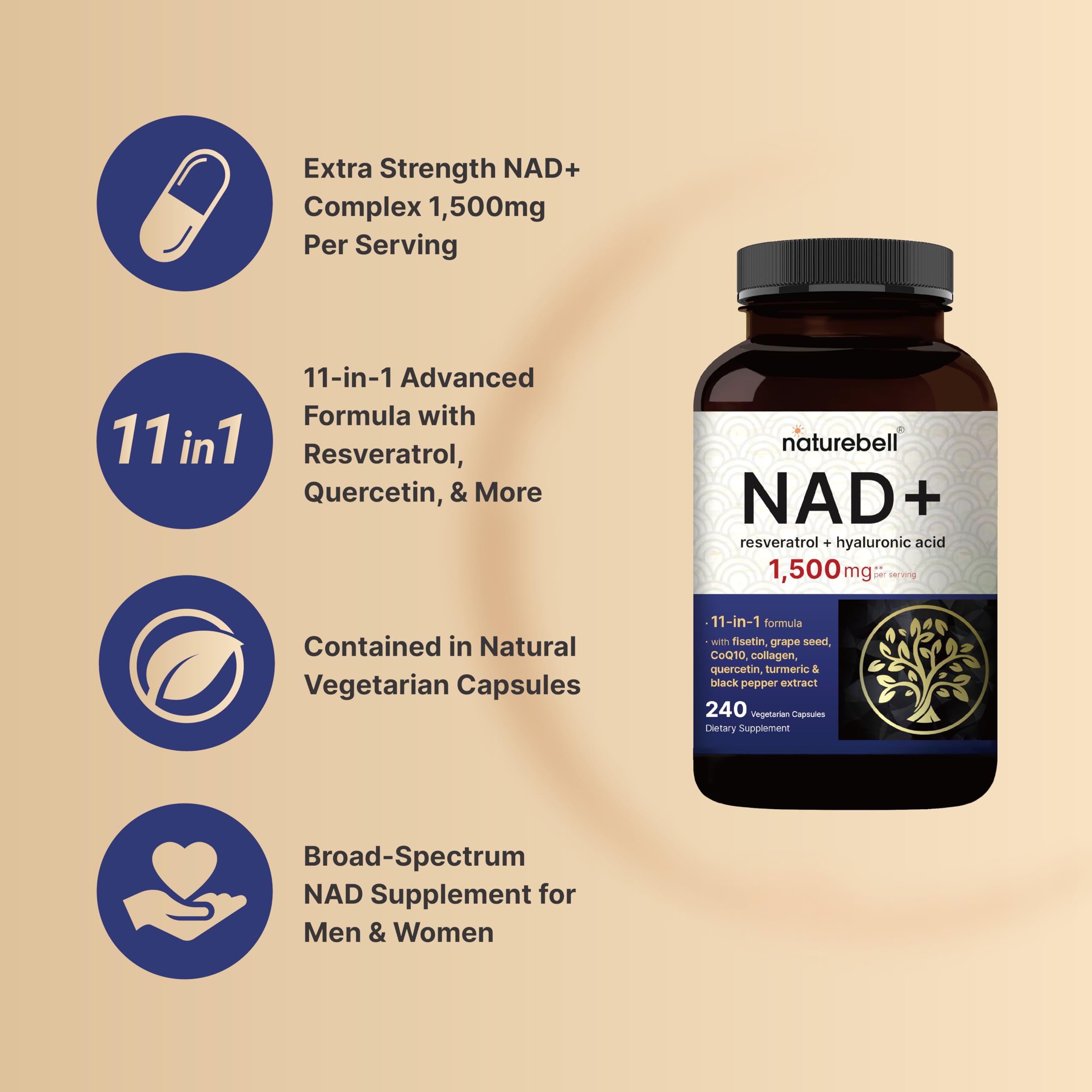 NatureBell NAD+ Complex 1,500mg Per Serving, 240 Veggie Capsules | NMN Supplement Alternative | NAD Plus Resveratrol, Hyaluronic Acid, Quercetin, Fisetin, Collagen, & More – Non-GMO NatureBellAu supplements