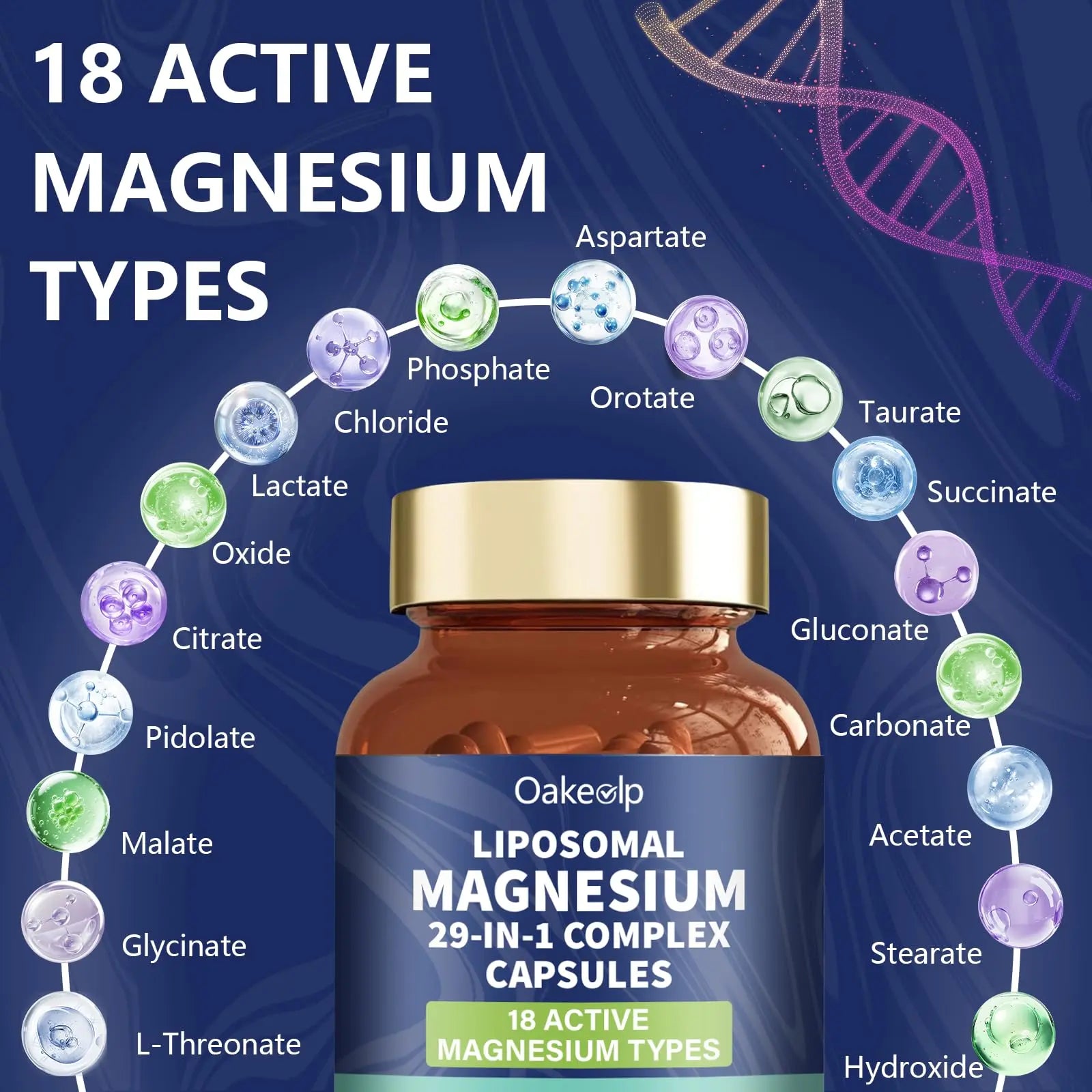 29-in-1 Liposomal 18 Active Types Magnesium Complex 1400MG Capsule,L-Threonate Glycinate Malate etc,Mild & Efficient,Extra Vitamin B6 B12 D3K2 & CoQ10, Relaxation Nerve* & Hert* Support Oakevlpnz supplements