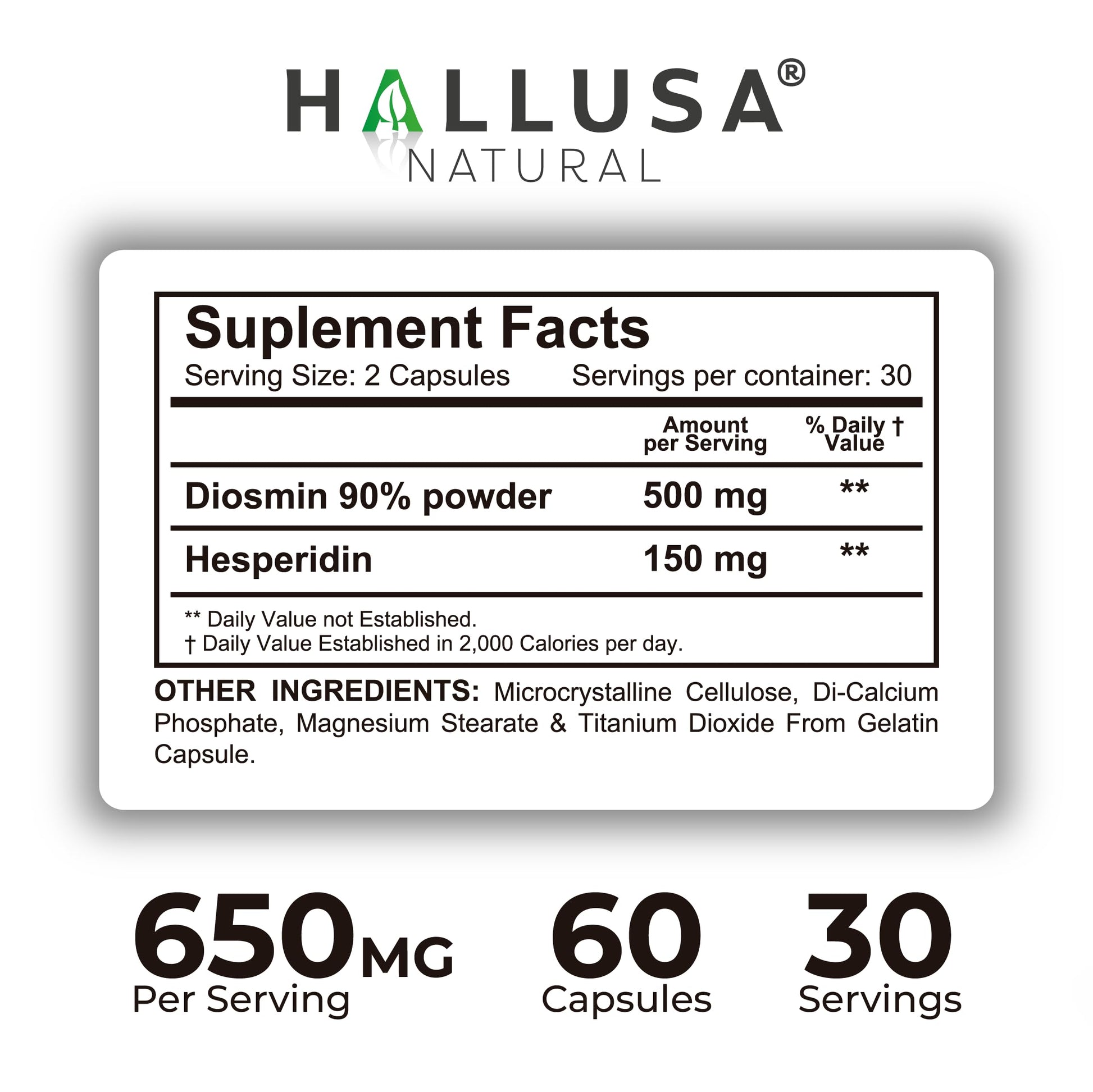 Hallusa Natural Hallosmine Ultra Diosmin 500mg & Hesperidin 150mg – Heavy Legs, Swelling & Vein - Blood Circulation Supplements, 60 Caps Hallusa NaturalAu supplements