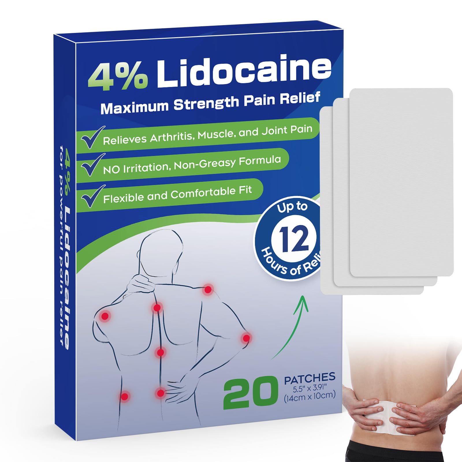 Uposiut 4% Lidocaine Patches - 20 Count Maximum Strength Lidocaine Patches, 10 Packs of 2 Patches for Muscle Pain Relief in The Neck, Shoulders, Back, Knees, and Anks, 12 Hour Pain Relief-012345 UposiutAu supplements
