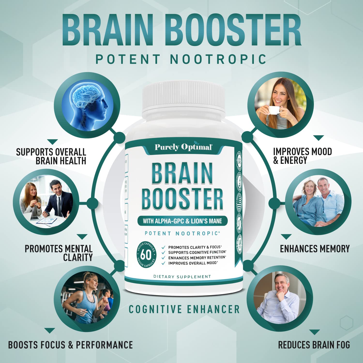 Premium Brain Supplement - Nootropic Brain Booster for Focus, Clarity, Improved Memory Purely OptimalUS supplements