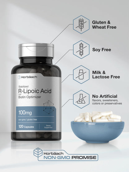 R-Lipoic Acid 100 mg | 120 Capsules | with Biotin Optimizer | Non-GMO, Gluten Free HorbäachUS supplements