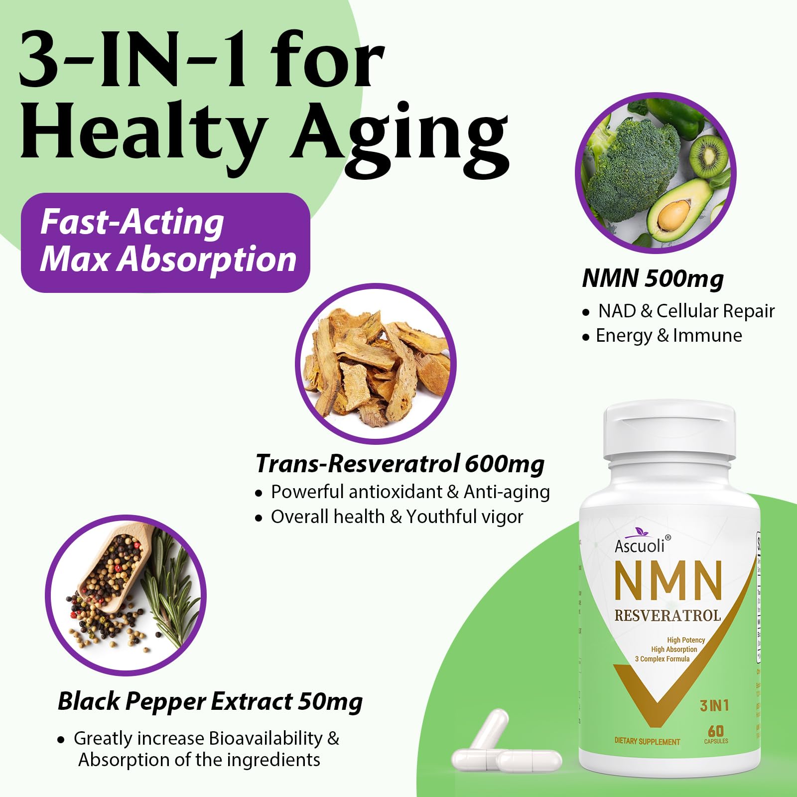 99% Ultra Purity NMN 500mg + Trans-Resveratrol 600mg, 1150mg NMN Resveratrol Supplement, 3-in-1 Advanced Formula for Boost* NAD, Cell, Immune, Energy & Muscle, Healthy Aging, Stabilized Form - 60 Caps AscuoliAu supplements