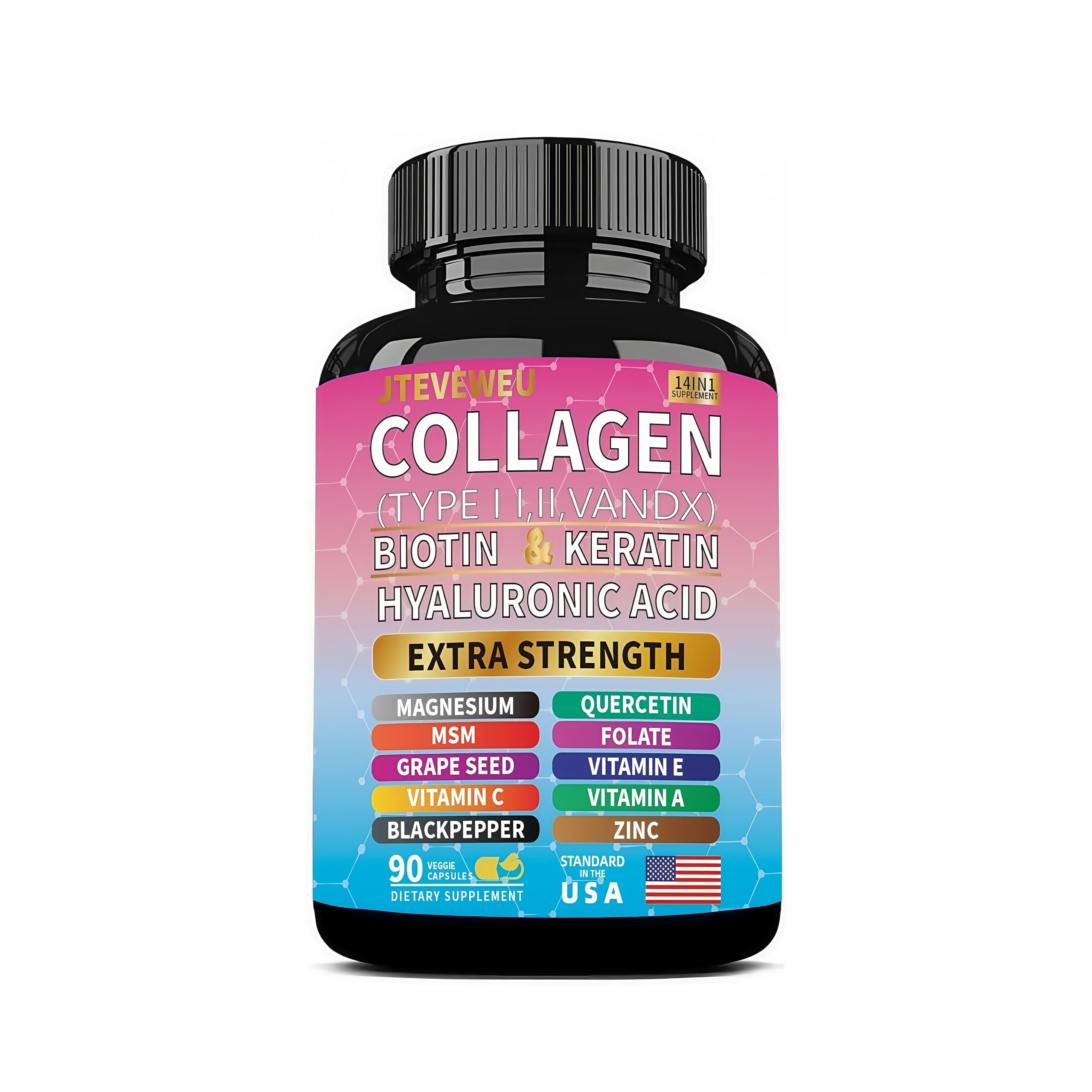 JTEVEweu Collagen Supplement - Type I, II, III, V and X - with Biotin, Keratin, Hyaluronic Acid & 13+ Extra Strength Ingredients - （90 Capsules） JTEVEweuAu supplements