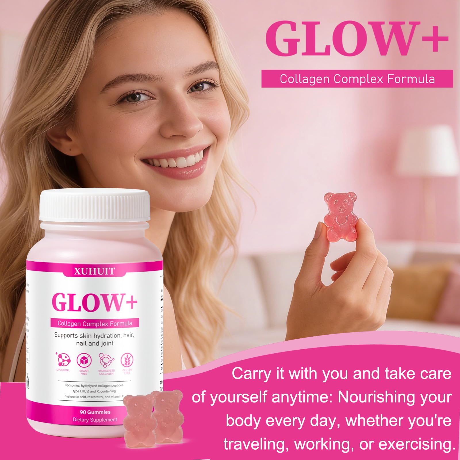PBZPBZ Glow Collagen Gummies with Hyaluronic Acid & Resveratrol | Gentle Support for Skin, Hair & Nail Care | Non-GMO | 90 Count (1) PBZPBZAu supplements