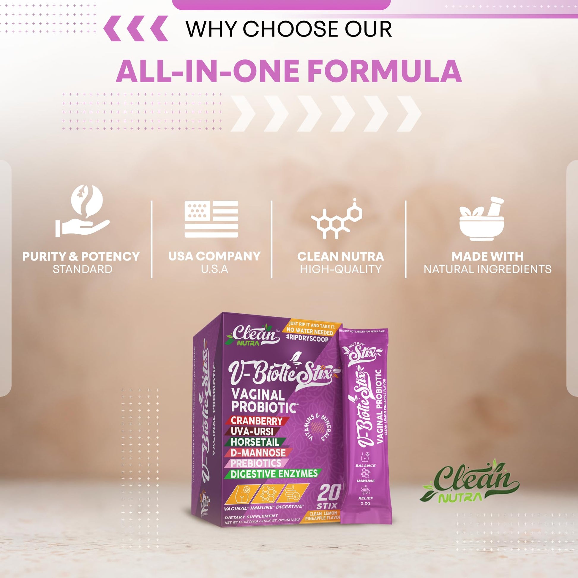 Clean Nutraceuticals Vaginal Probiotics for Women with Cranberry Extract, D-Mannose, Prebiotics, pH Balance for Women, Vaginal Health – Womens Probiotic Alternative to Gummies - 20 Stix Clean NutraceuticalsAu supplements
