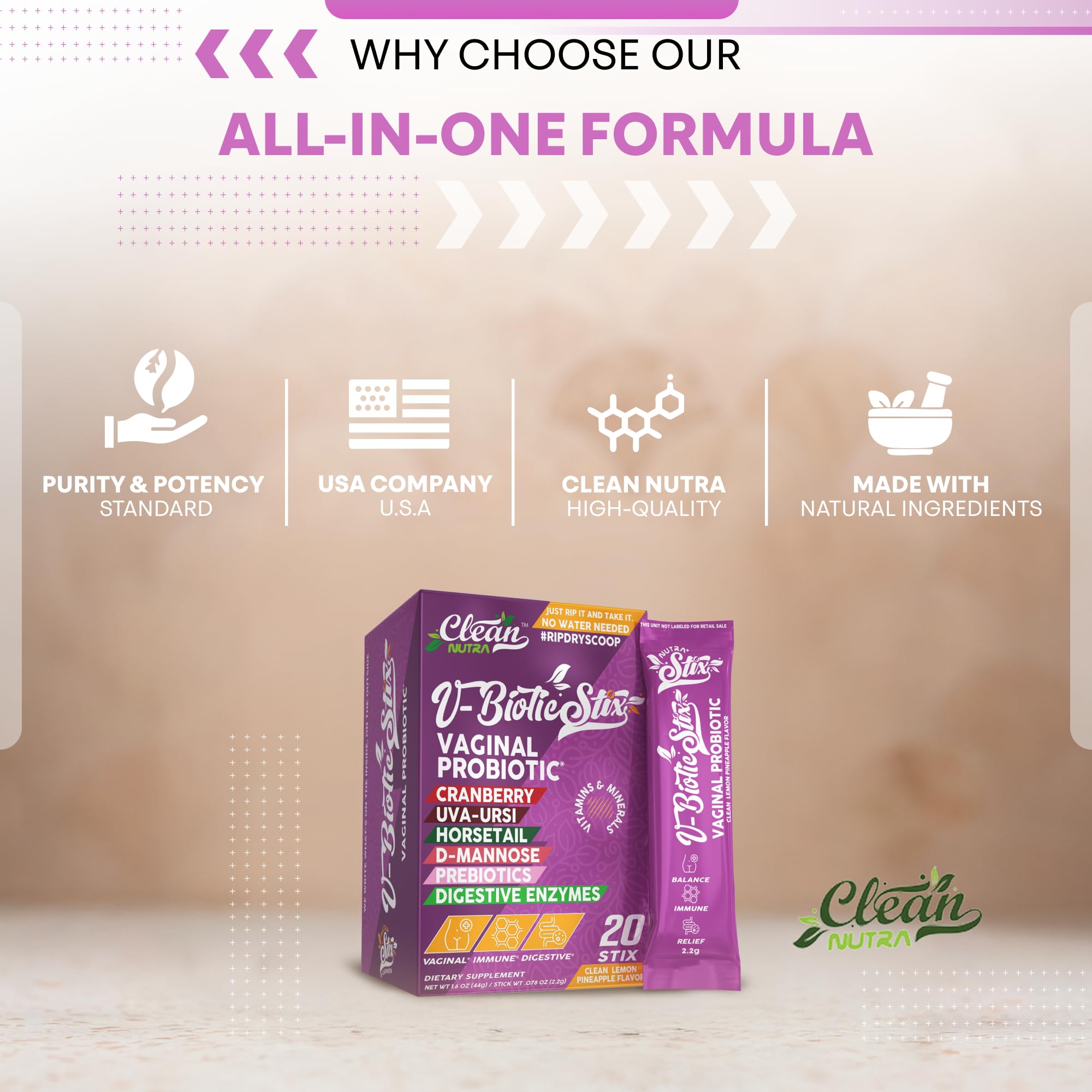 Clean Nutraceuticals Vaginal Probiotics for Women with Cranberry Extract, D-Mannose, Prebiotics, pH Balance for Women, Vaginal Health – Womens Probiotic Alternative to Gummies - 20 Stix Clean NutraceuticalsAu supplements