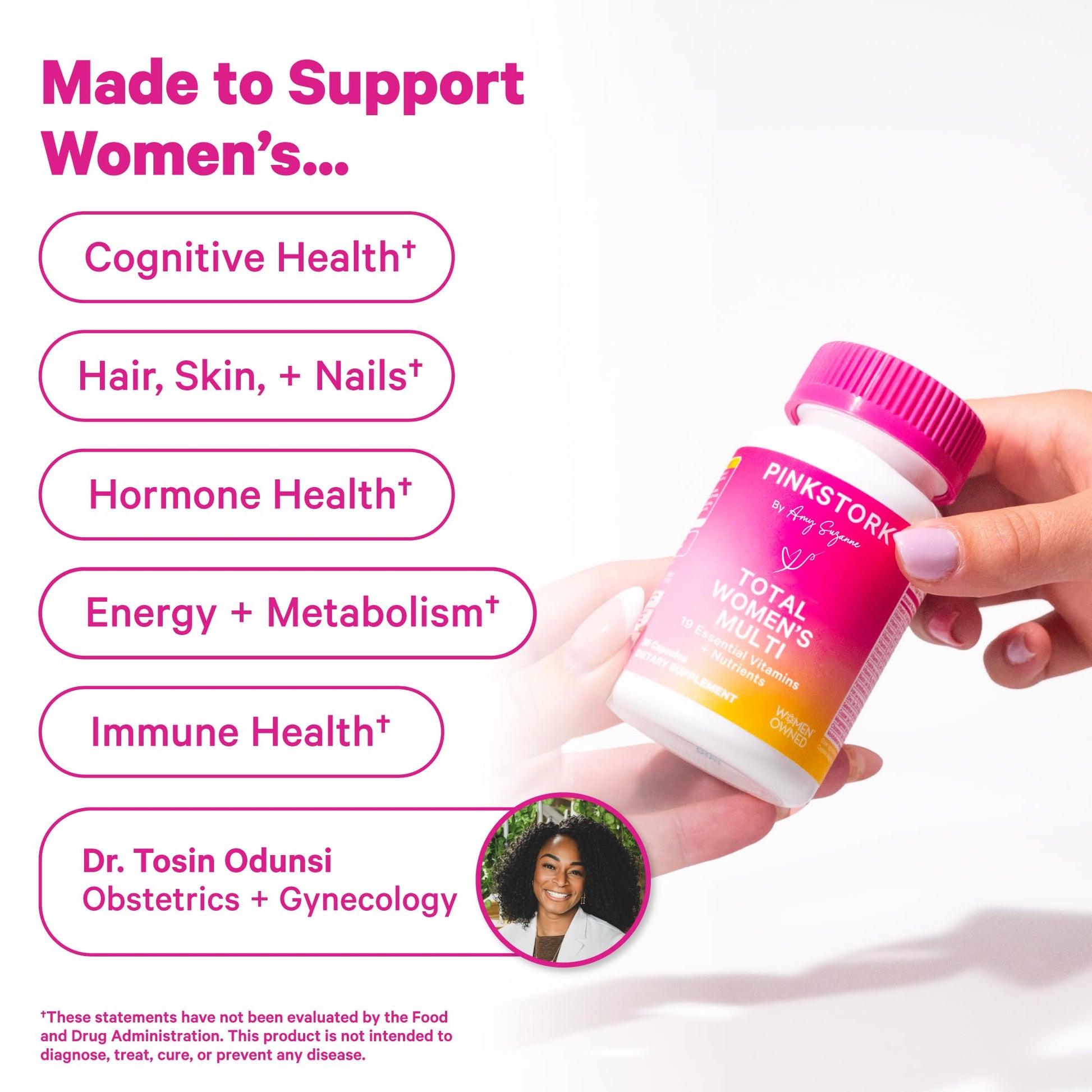 Pink Stork Total Women's Multivitamin - 19 Essential Vitamins for Women & Nutrients – Energy, Metabolism, Hormone, Immune & Mood Support – B6, B12, Biotin, Iron & Zinc – 30 Capsules Pink StorkAu supplements